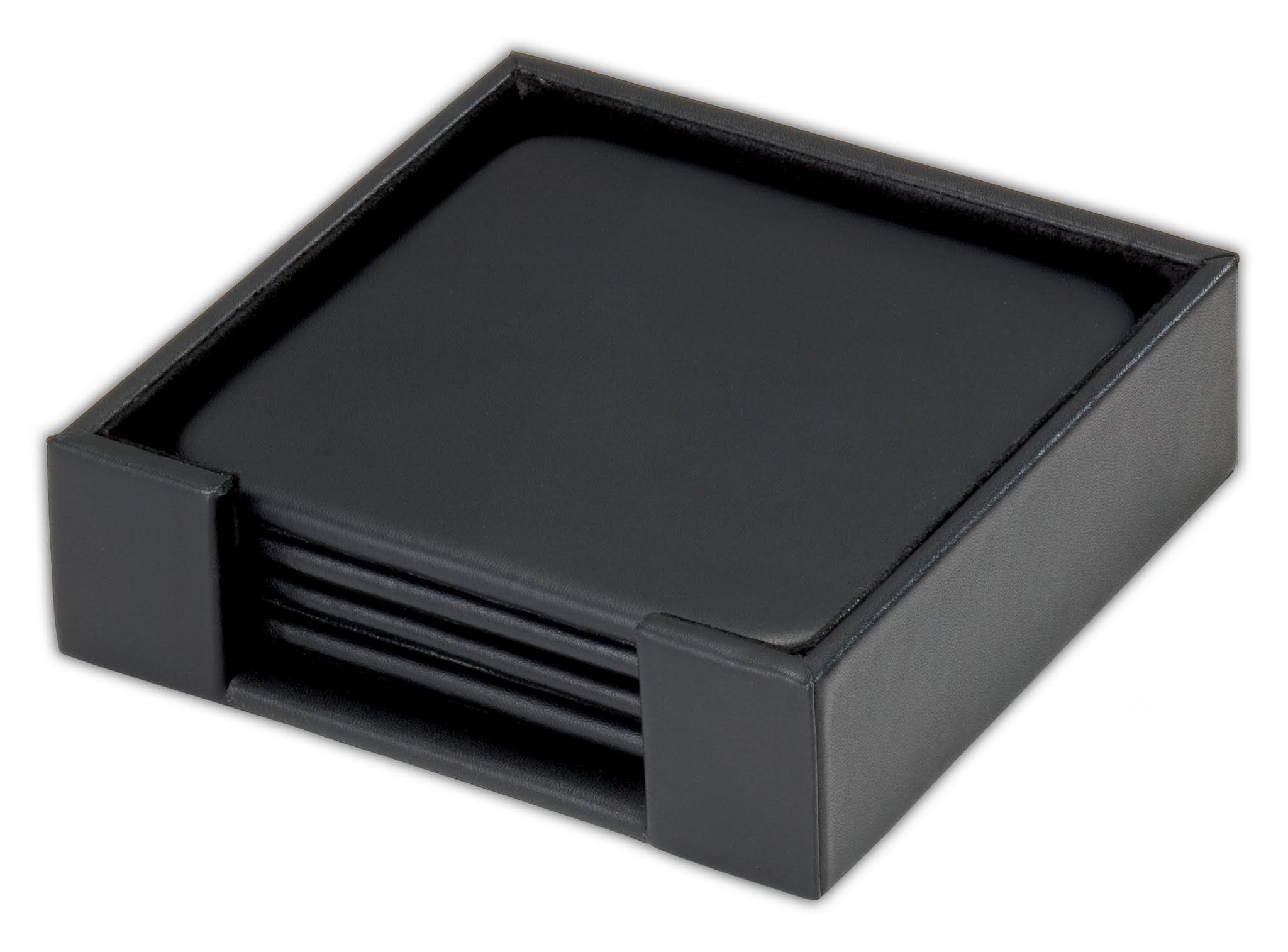 Black Faux Leather Square Coaster Set with Holder