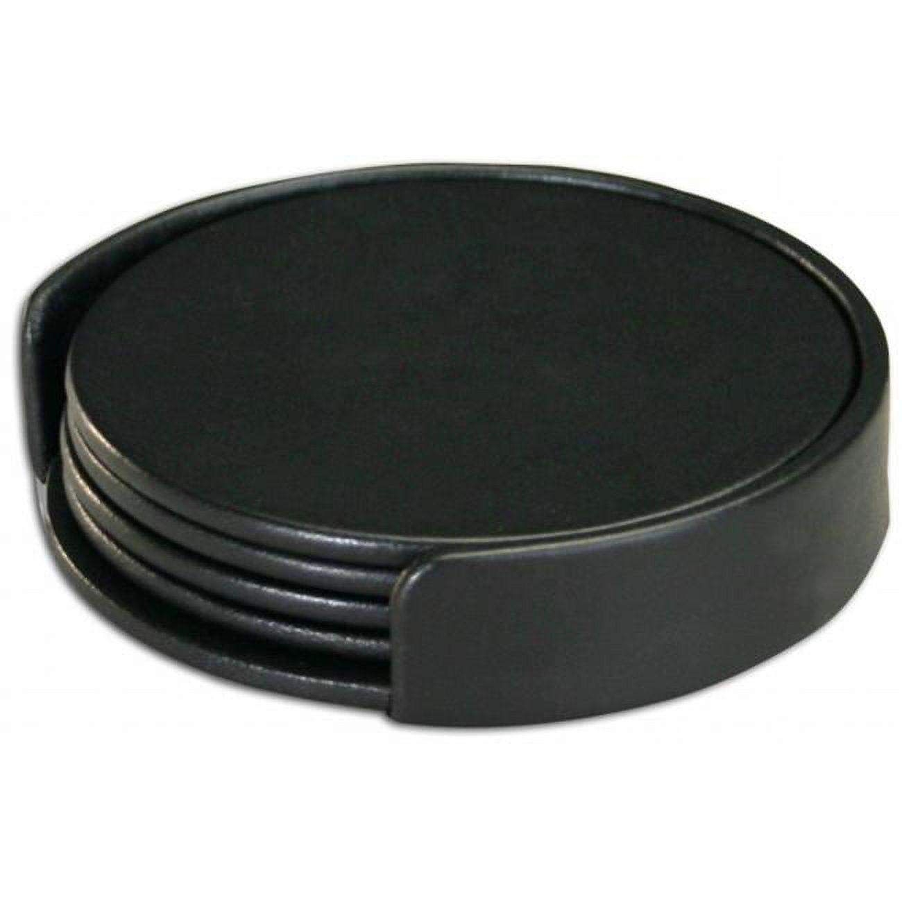 Black Top-Grain Leather 4-Round Coaster Set with Holder