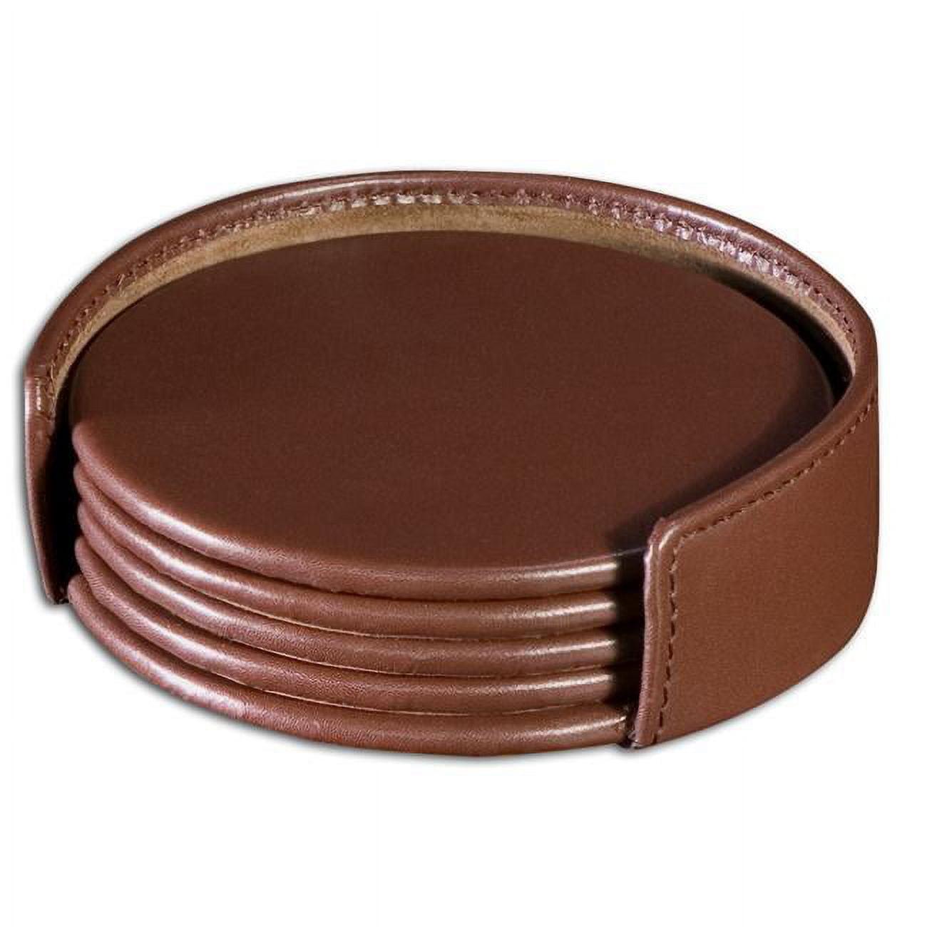 Chocolate Brown Leather 4-Piece Coaster Set with Holder