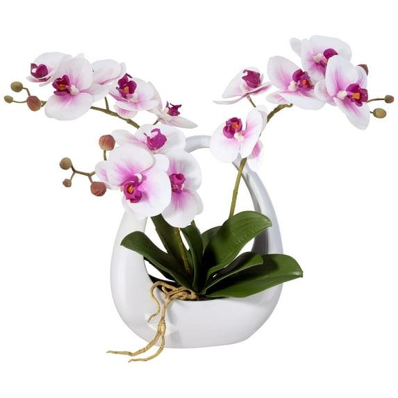 Dahlia Studios Potted Faux Artificial Flowers Realistic Pink White Phalaenopsis Orchid in Pot Home Decoration Living Room 13" High