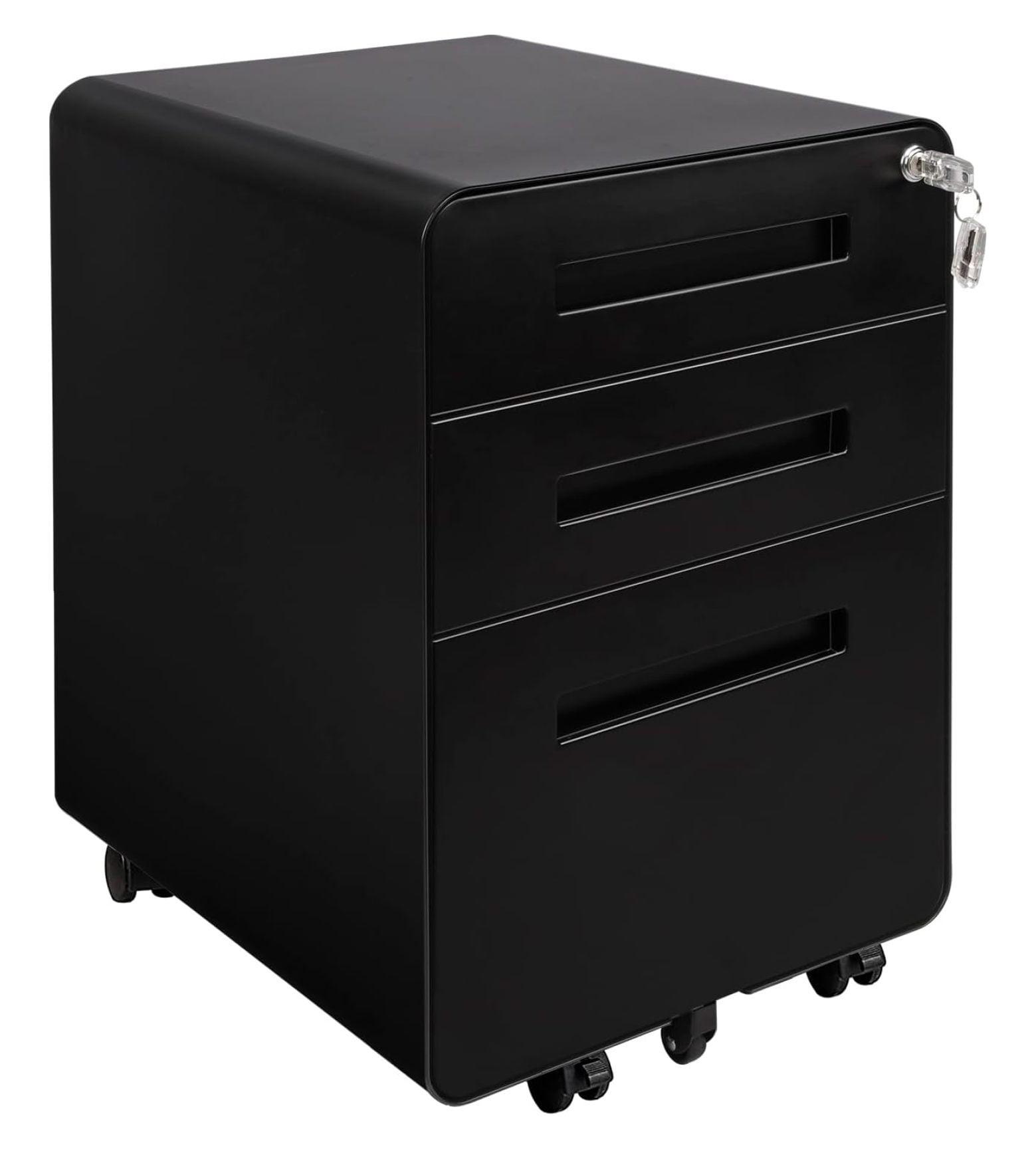 Black Metal 3-Drawer Lockable Mobile Filing Cabinet