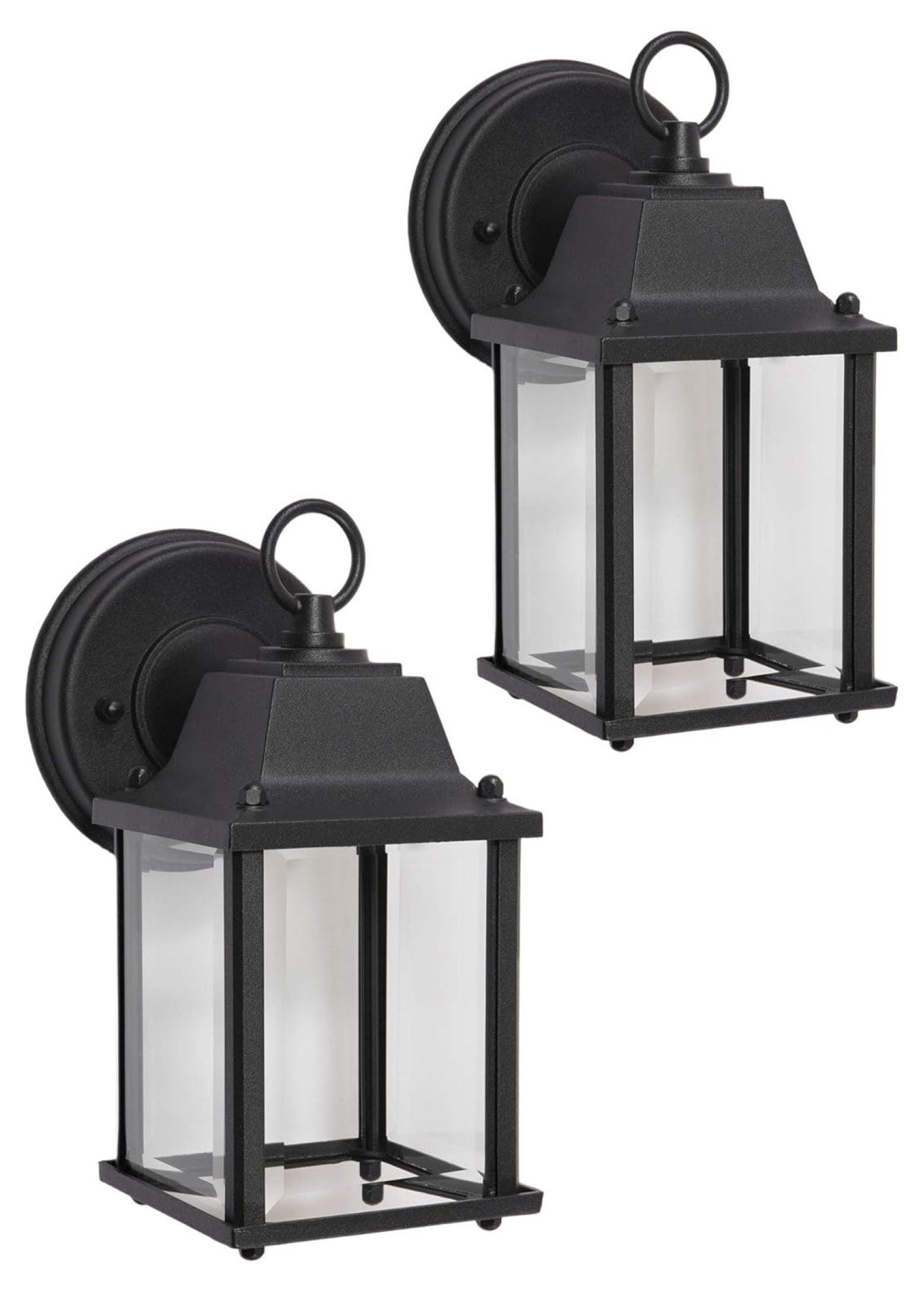 CORAMDEO Outdoor 2 PACK LED Wall Sconce Light for Porch, Patio, Barn & More, Wet Location, Built in LED gives 75W of light from 9.5W of power, Cast Aluminum w/Black Finish & Beveled G (CD-W004-830LED)