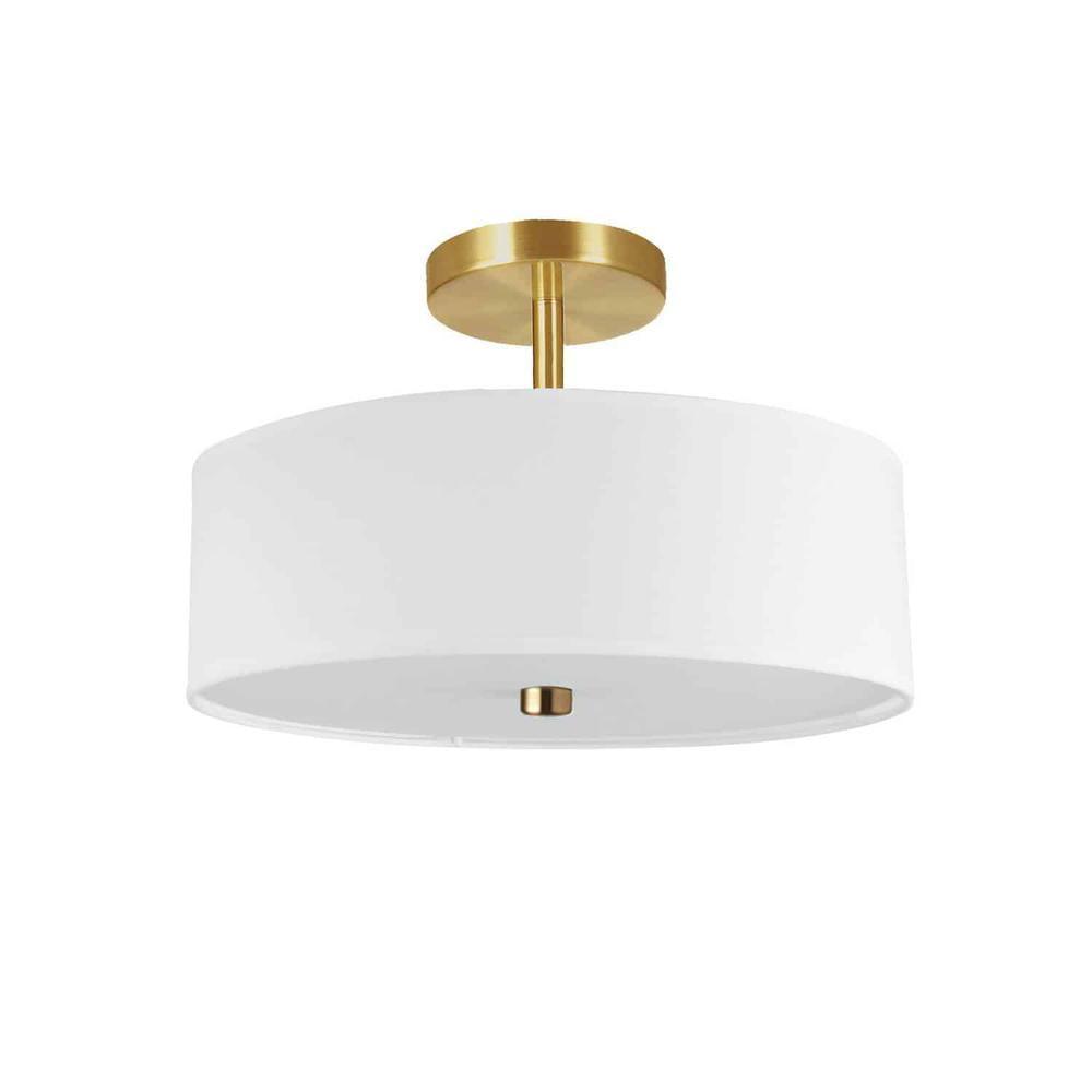 3 Light Incandescent Semi-Flush Mount, Aged Brass with White Shade