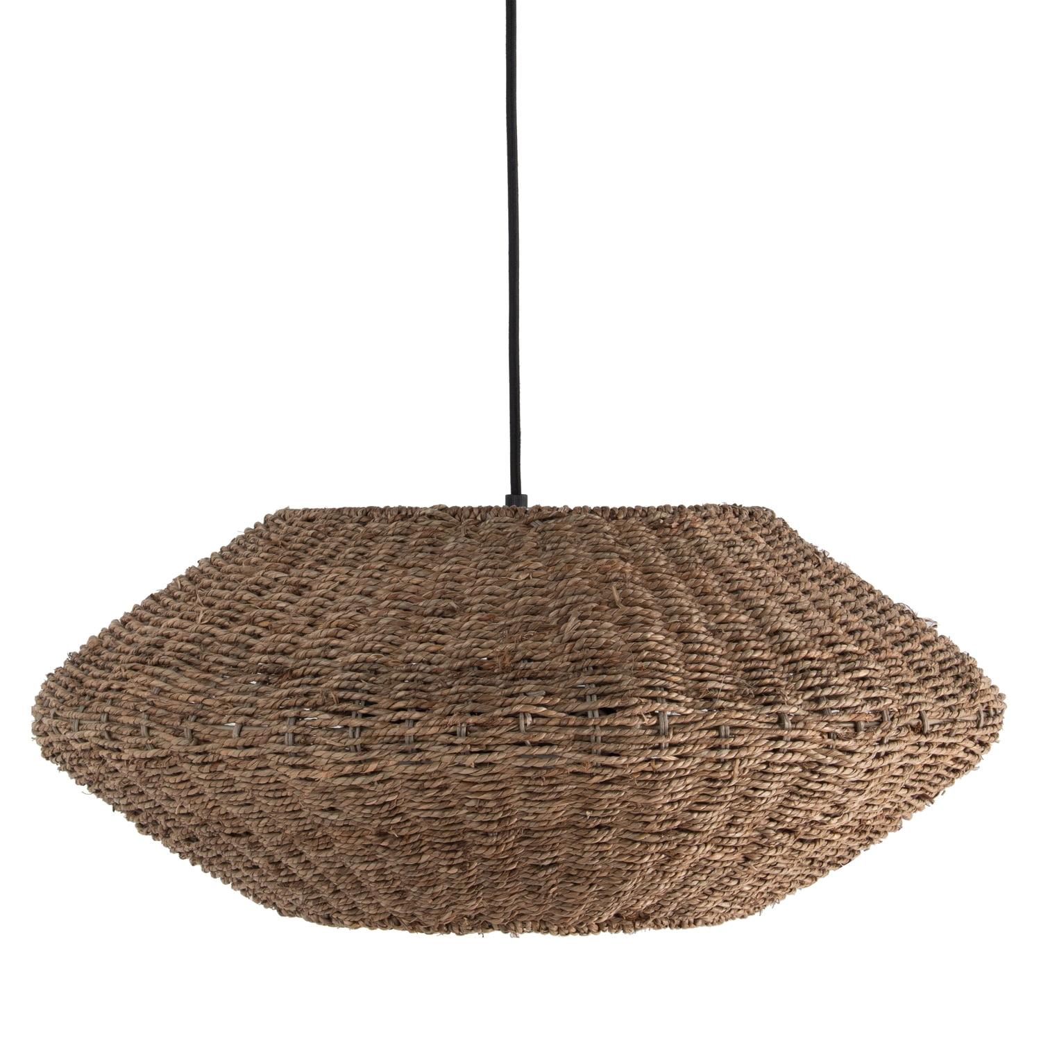 Pourel Matte Black and Natural Seagrass Drum Pendant Light