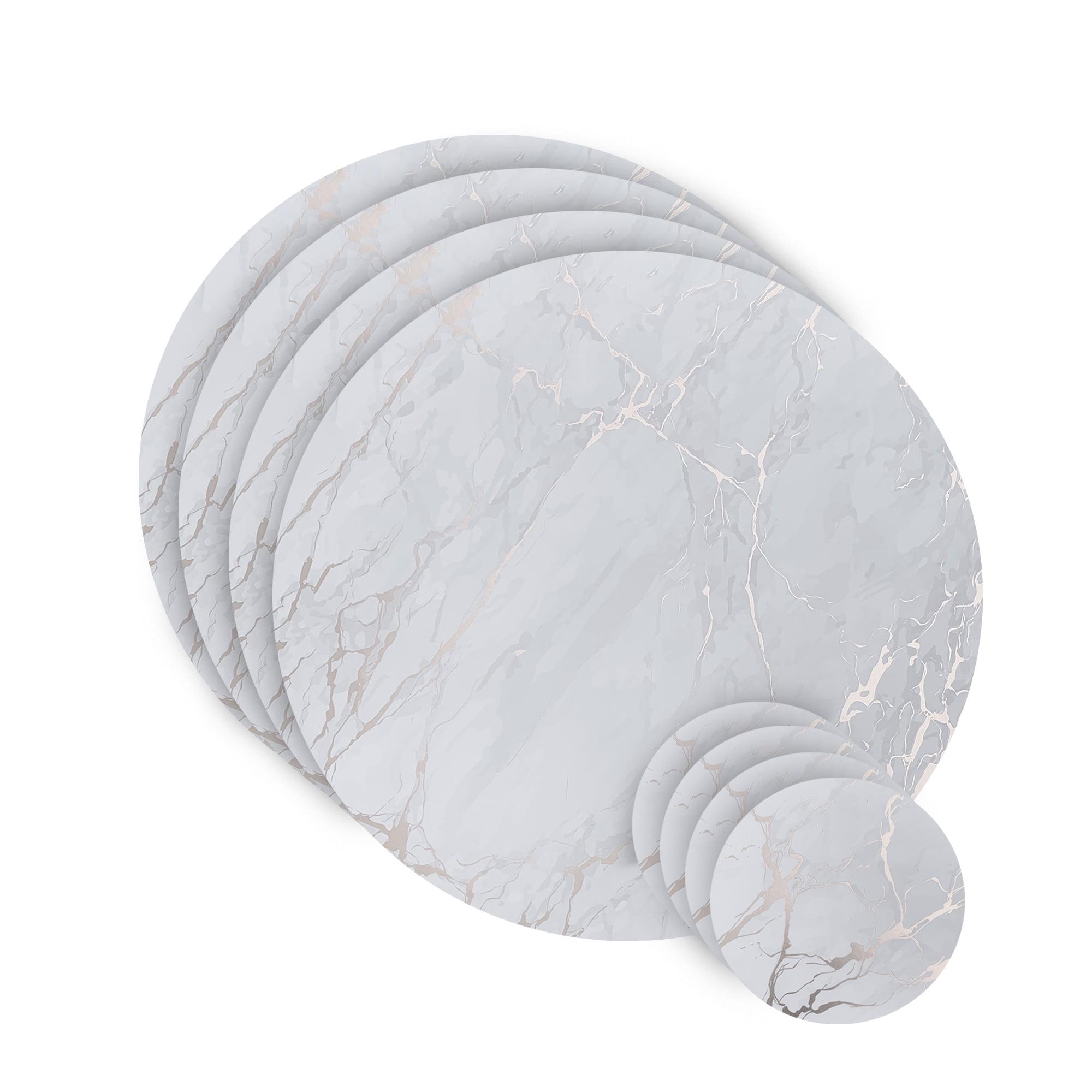 Silver Marble Cork 15" Round Placemats and Coasters Set