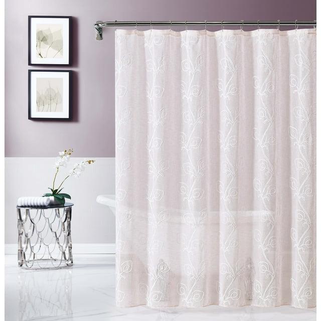 Dainty Home Stella 3D Floral Chenille Embroidered Linen Textured Shower Curtain - Blush