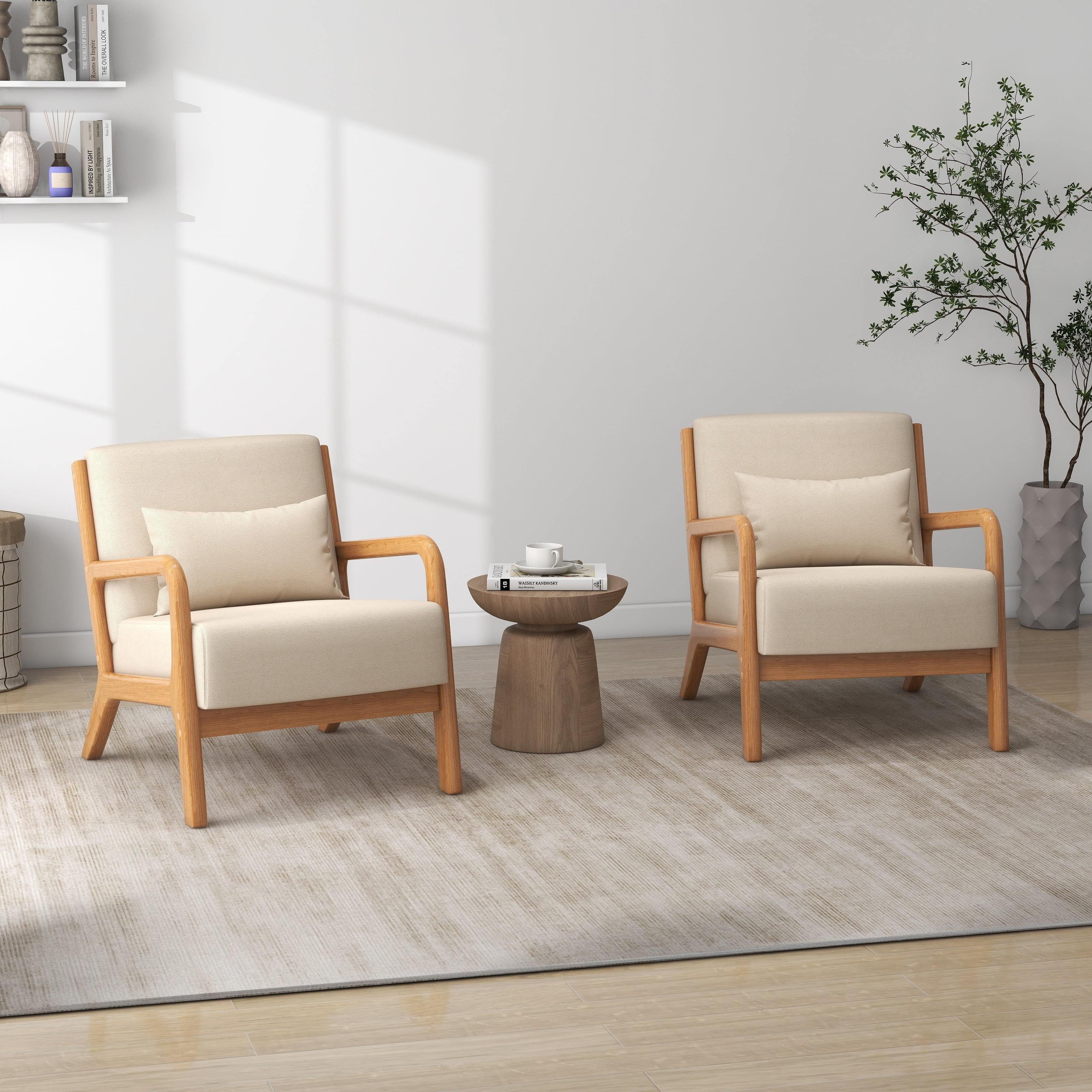 Beige Mid-Century Modern Upholstered Wood Arm Chair Set