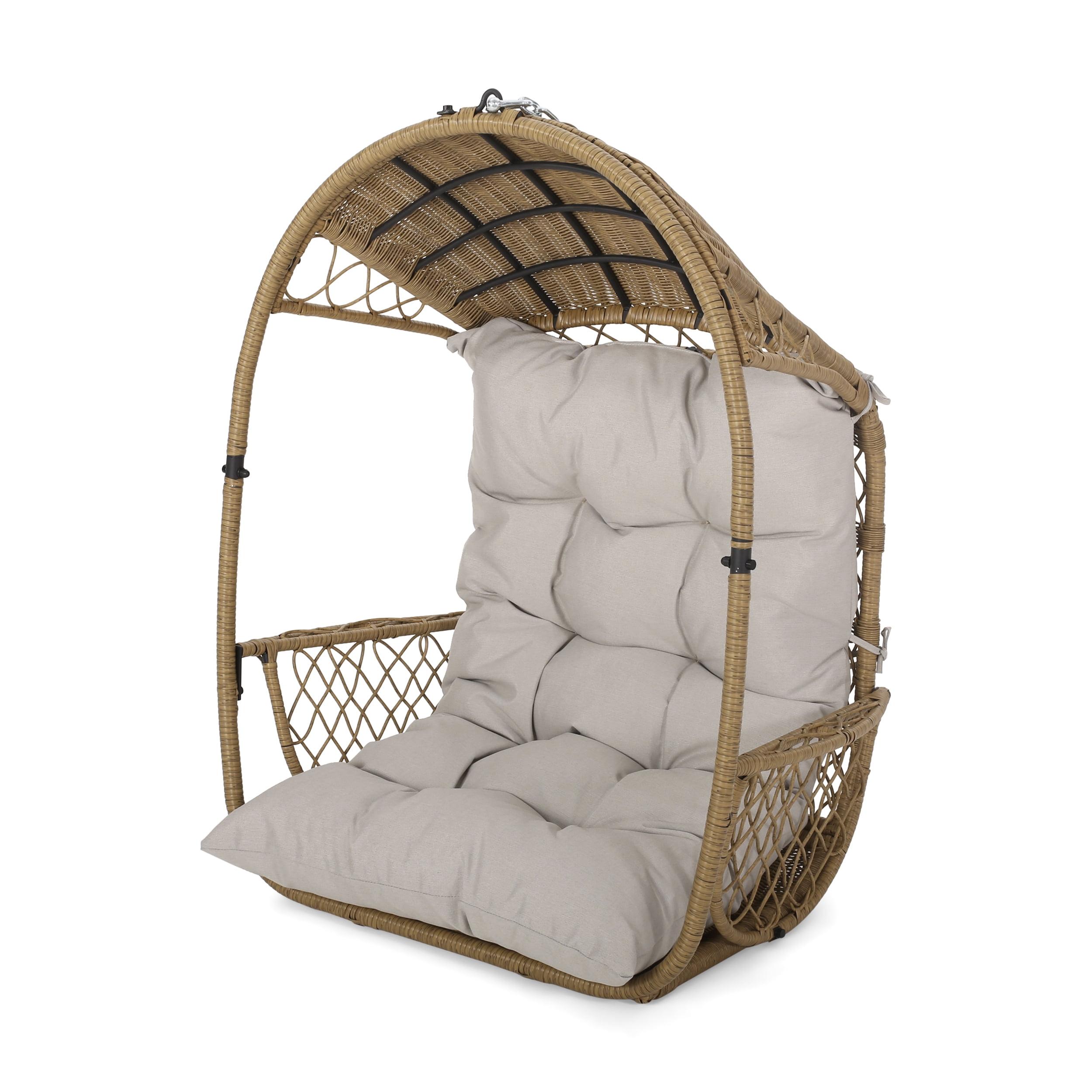 Scandinavian Light Brown Outdoor Egg Hanging Chair with Beige Cushions