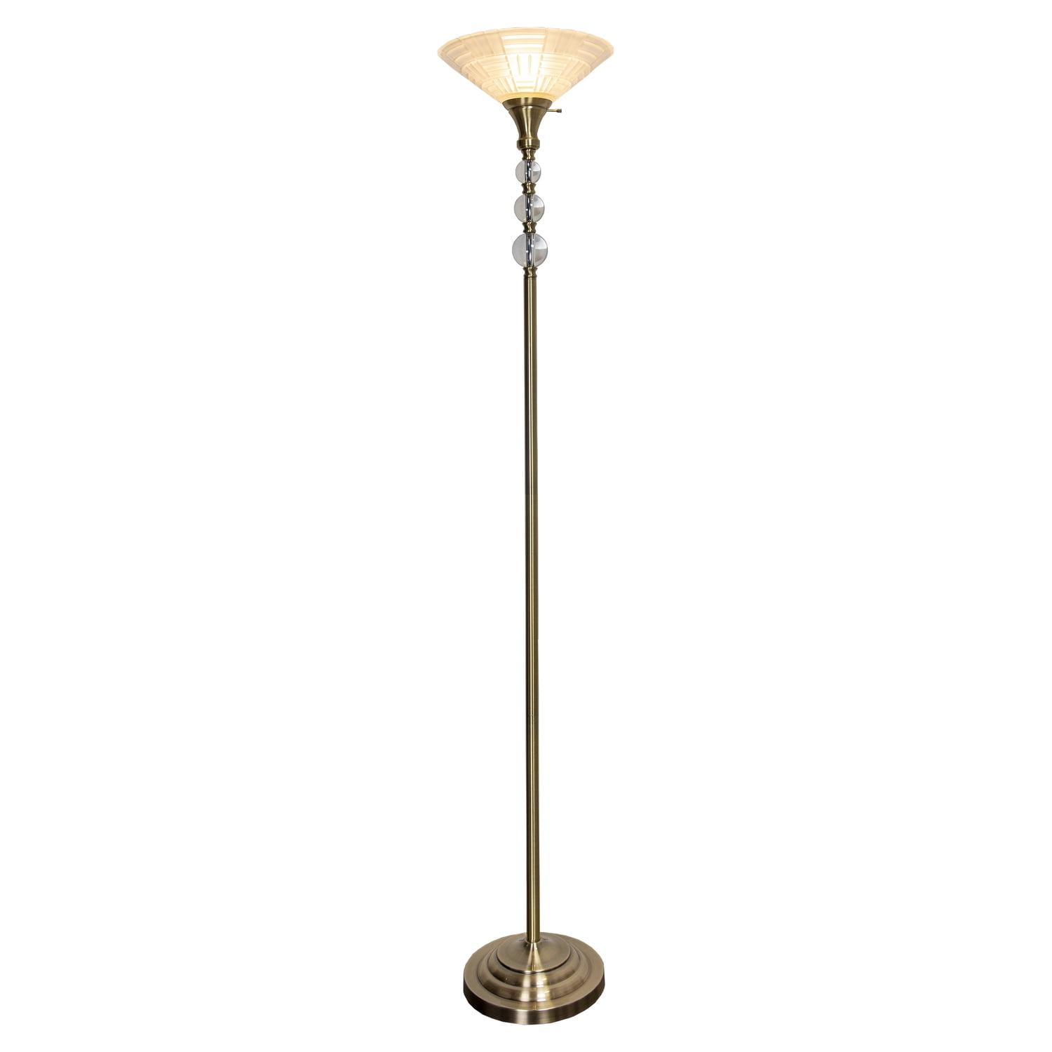 Elegant Antique Brass Torchiere Floor Lamp with Stained Glass