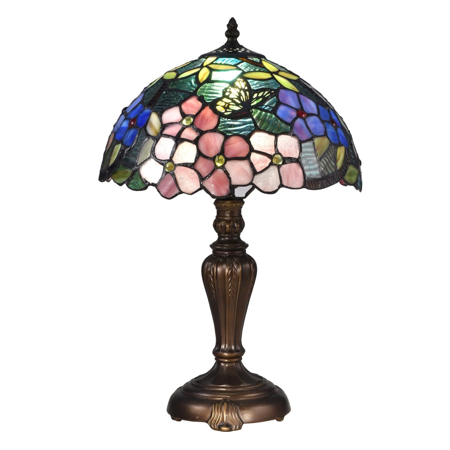 BY Family Handmade Fox Peony Tiffany Table Lamp With Antique Bronze Base And Floral Dome Shade