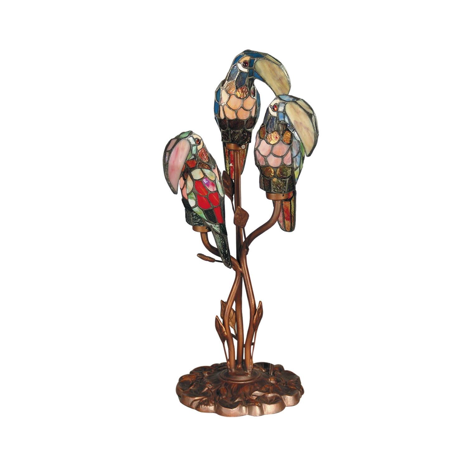 Multicolor Stained Glass and Bronze Parrot Table Lamp