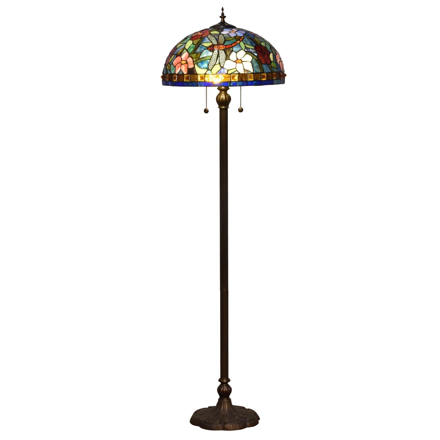 Antique Bronze Josef Tiffany-Inspired 62" Floor Lamp with Nature Motifs