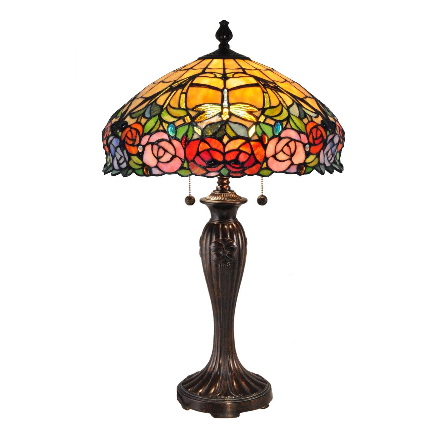 Zenia Rose Stained Glass Table Lamp with Fieldstone Base