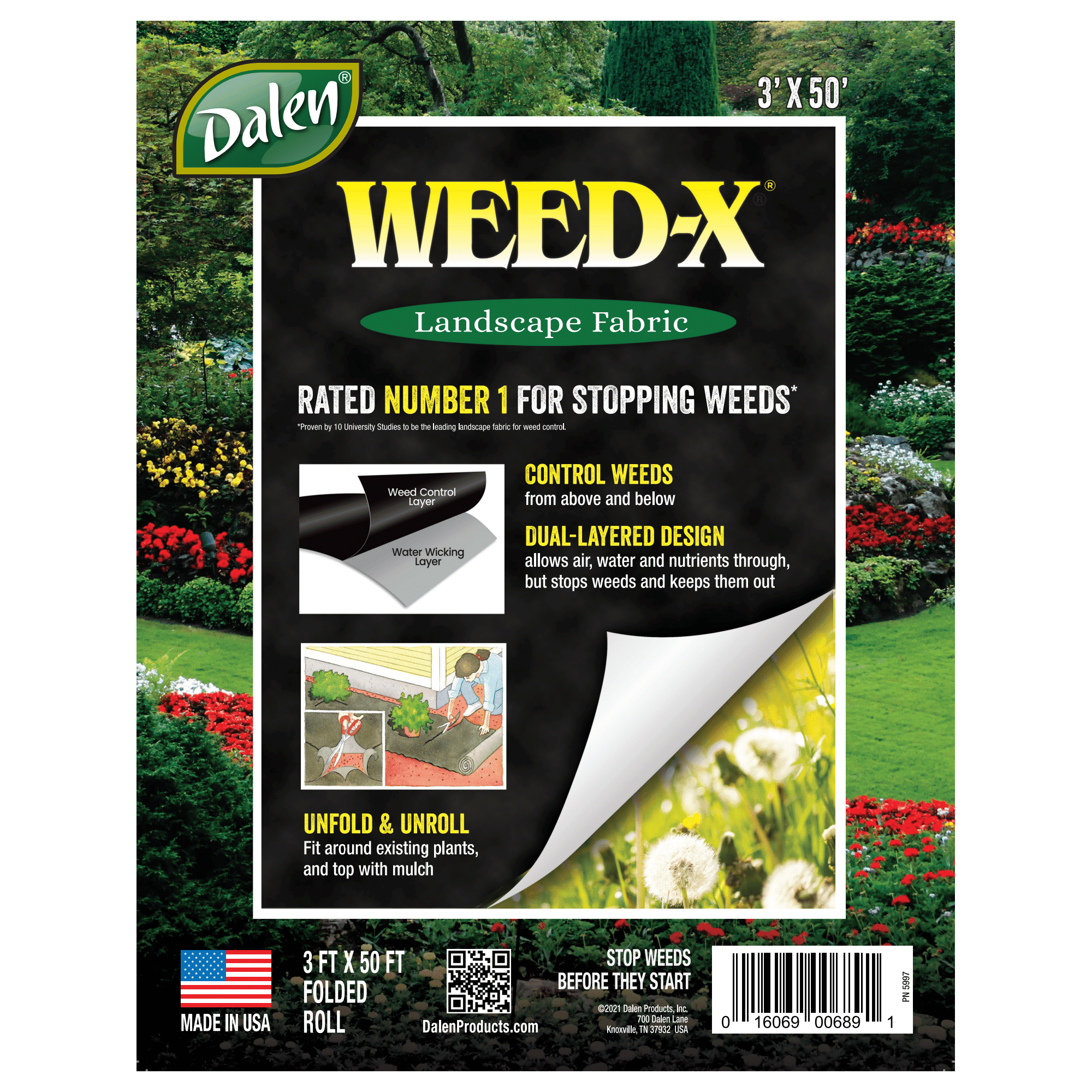 Dalen Weed-X – Landscape Fabric and Weed Barrier – Excellent Garden Fabric - 20 Year Guarantee – Dual-Layered Design Allows Air, Water and Nutrients Through – Made in The USA – 3′ X 50′