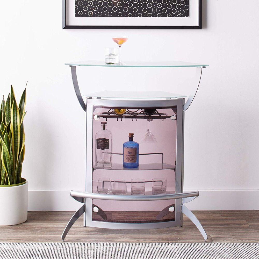 Silver and Frosted Glass Contemporary Bar Unit