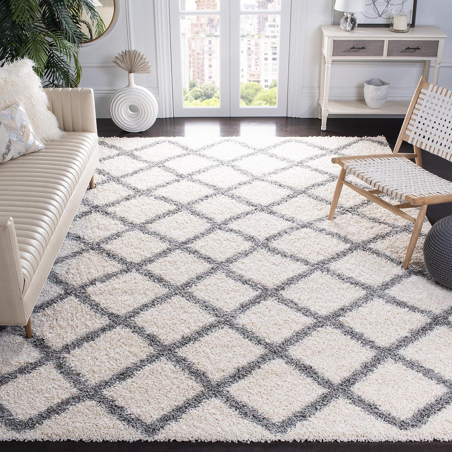 Ivory & Grey Diamond Shag Synthetic Area Rug, 8' x 10'