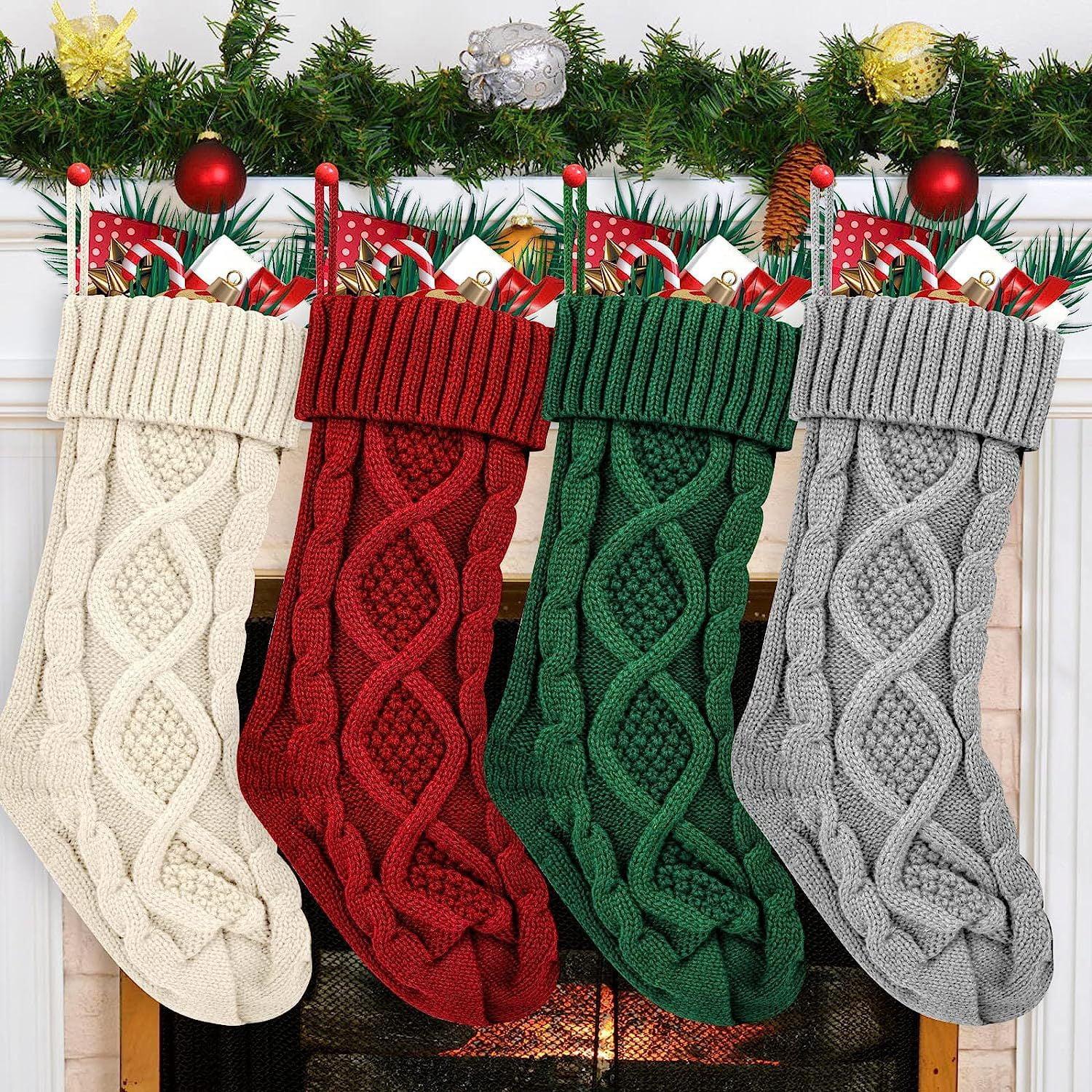 18-Inch Cable Knitted Christmas Stockings Set in Multicolor