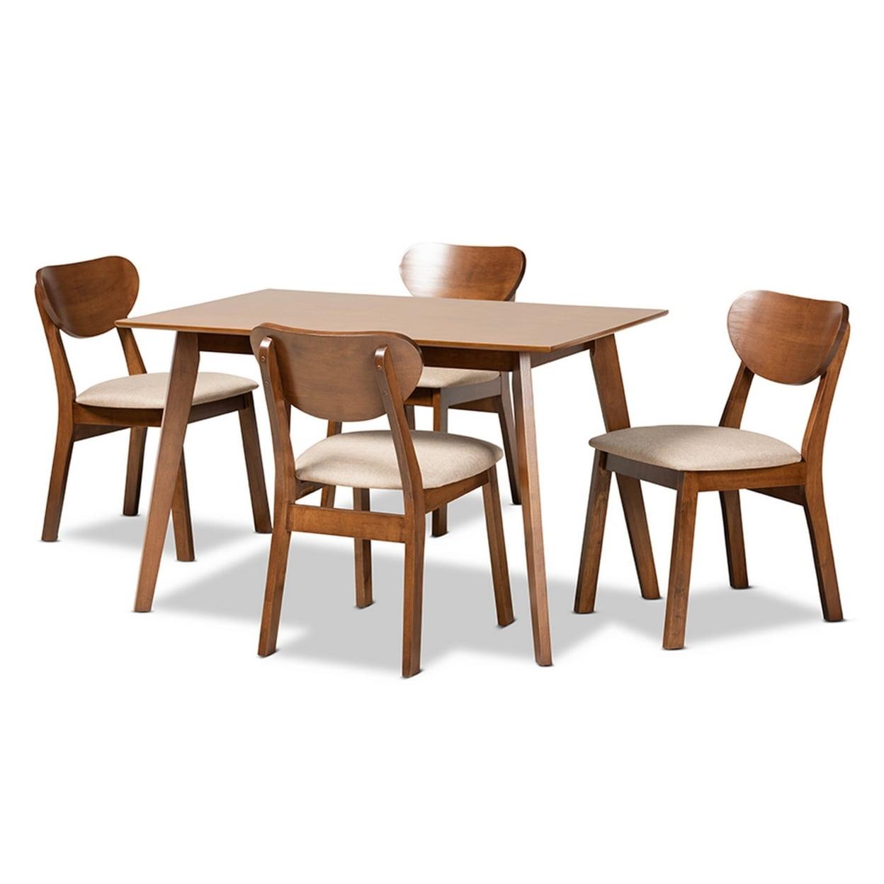 Damara 5-Piece Walnut Brown Wood & Sand Fabric Dining Set