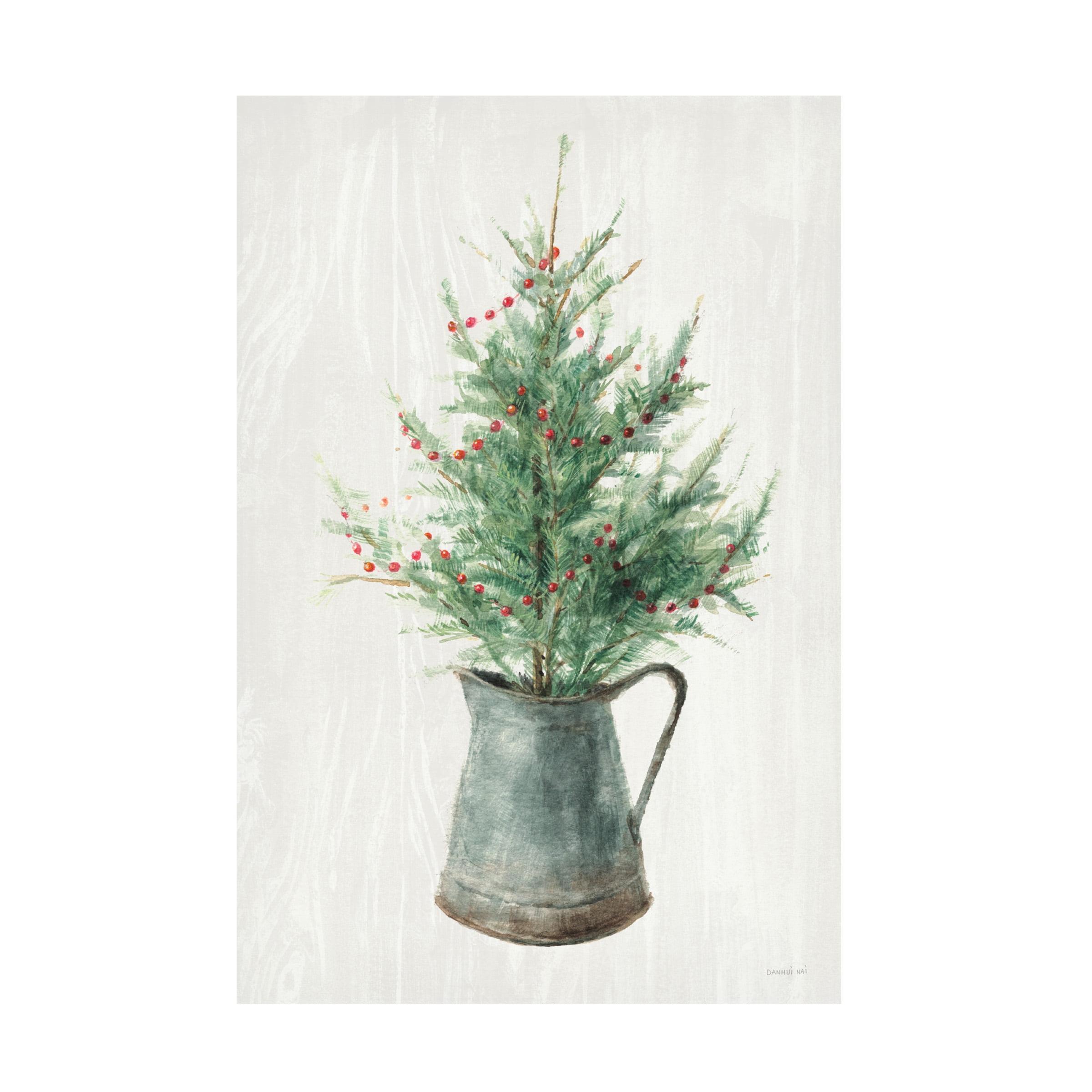 White and Green Christmas Tree Canvas Art in Wooden Frame