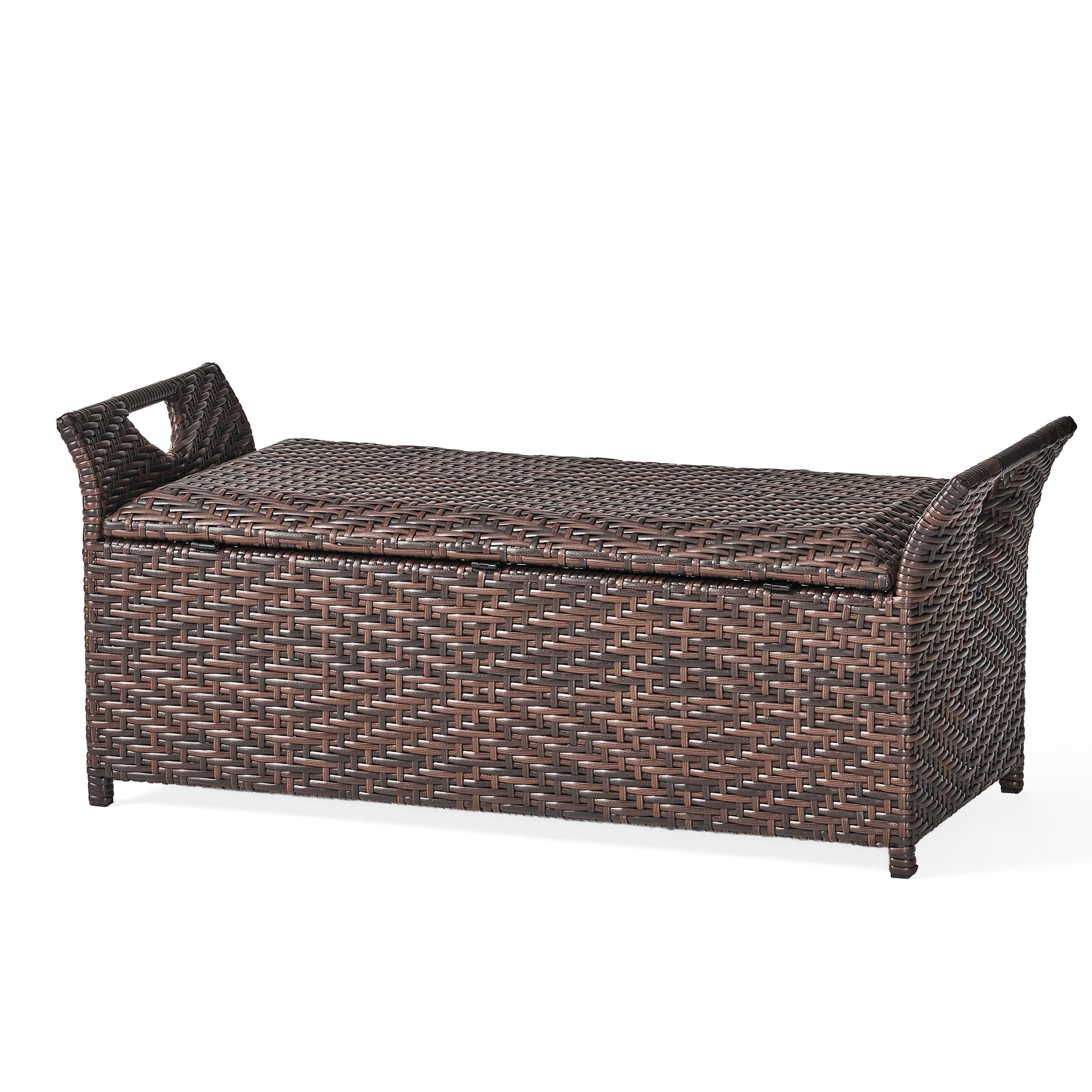 Wing Wicker Patio Storage Bench - Multi Brown - Christopher Knight Home: Iron Frame, Water & UV Resistant, Seats 2