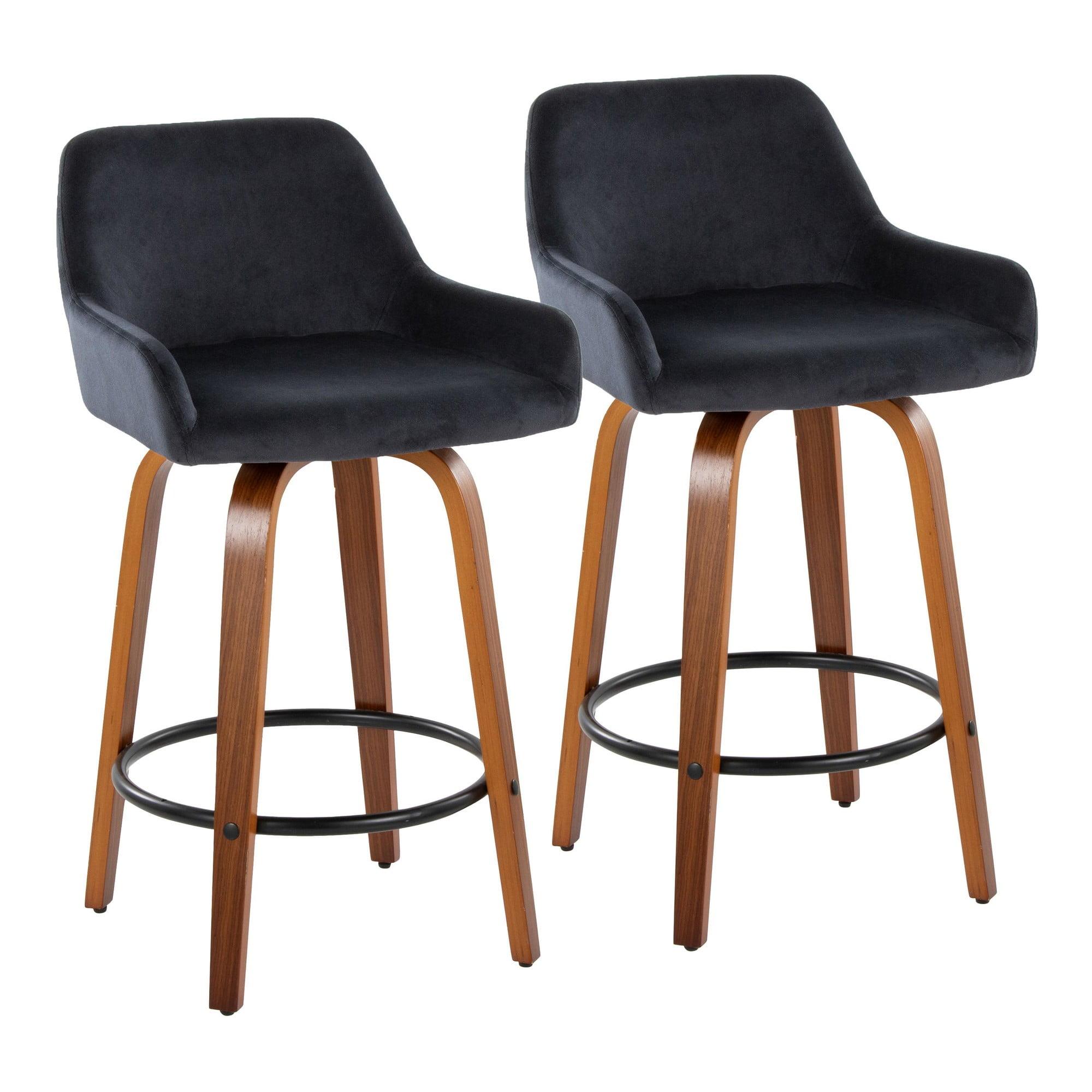 Black Velvet Swivel Counter Stool with Walnut Wood Legs