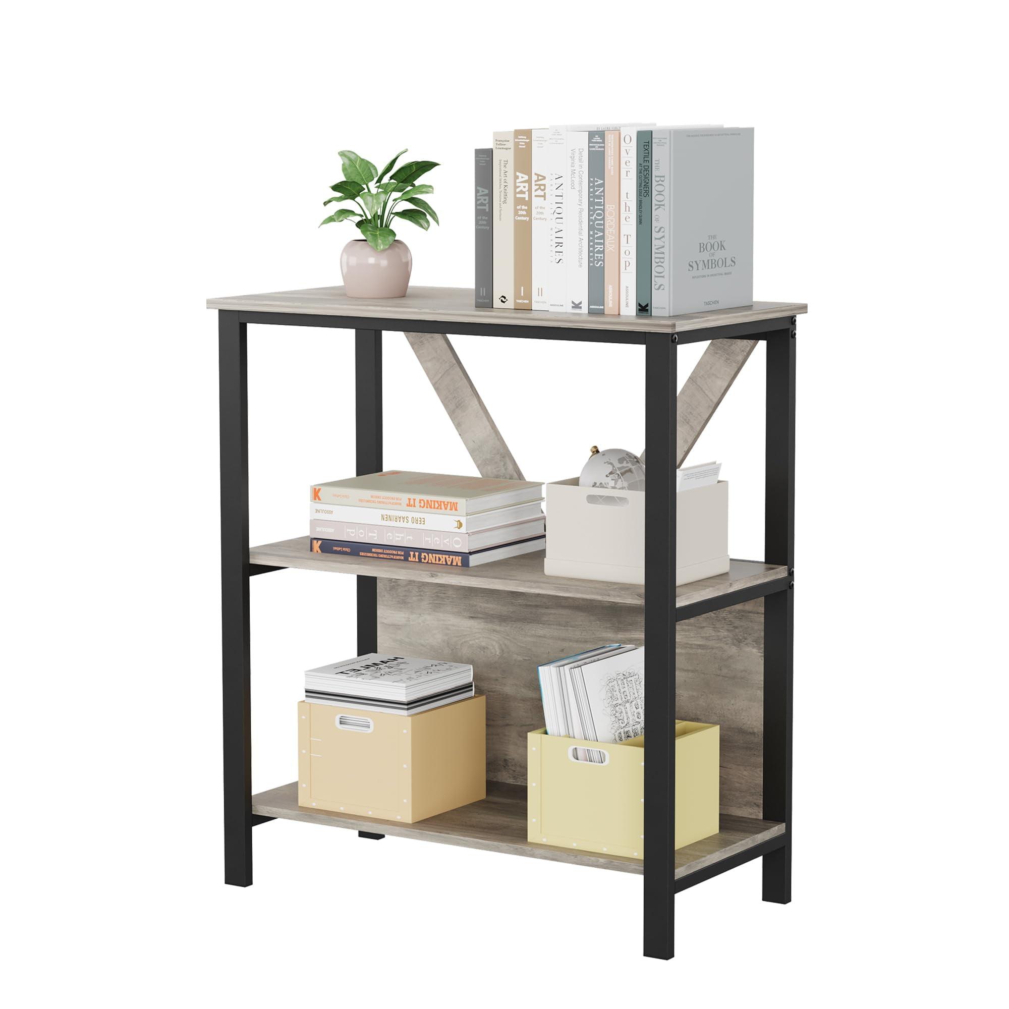 Gray Wood and Metal 3-Tier Adjustable Bookshelf