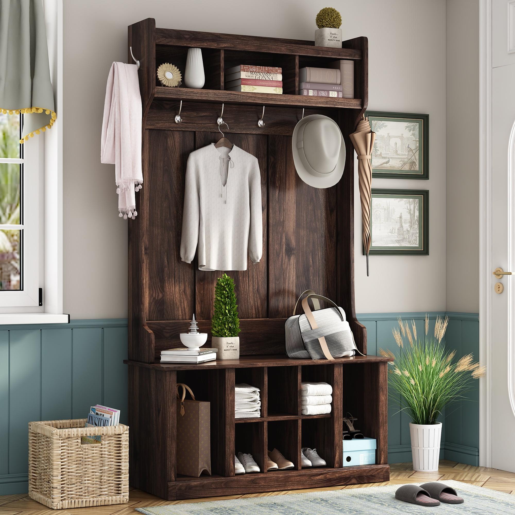 3 in 1 Hall Tree Coat Hanger Entryway Bench with 6 Hooks & Adjustable Shelves, Solid Wood Hallway Organizer with Storage Compartment for Hallway Living Room Mudroom, Brown