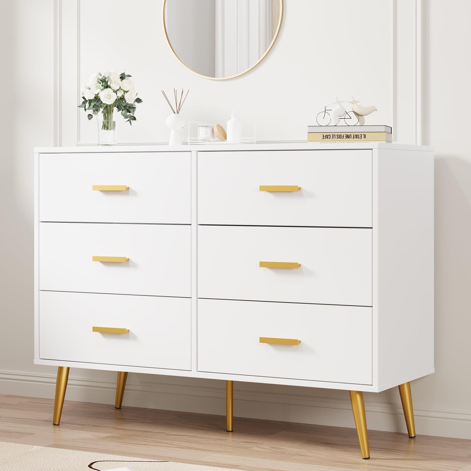 White 6-Drawer Dresser with Gold Handles and Deep Drawers