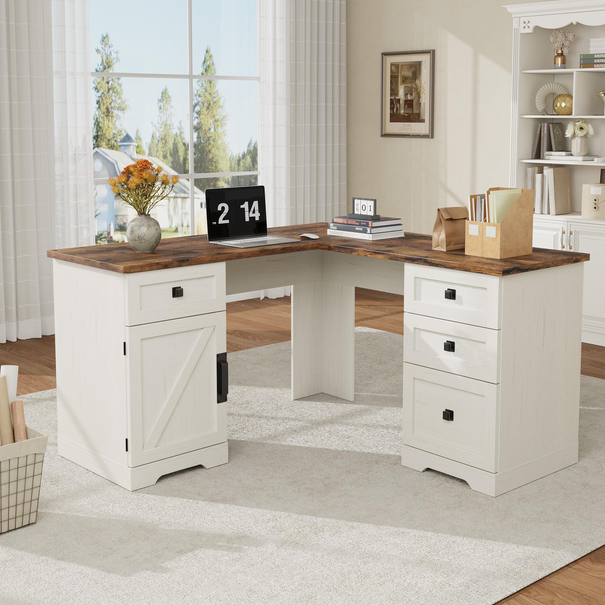 Danolapsi 60" Farmhouse L Shaped Executive Desk with Drawers,Home Office Desk with File Drawers and Storage Cabinet,Corner Computer Desk with Adjustable Side Storage Cabinet,Computer Writing Desk