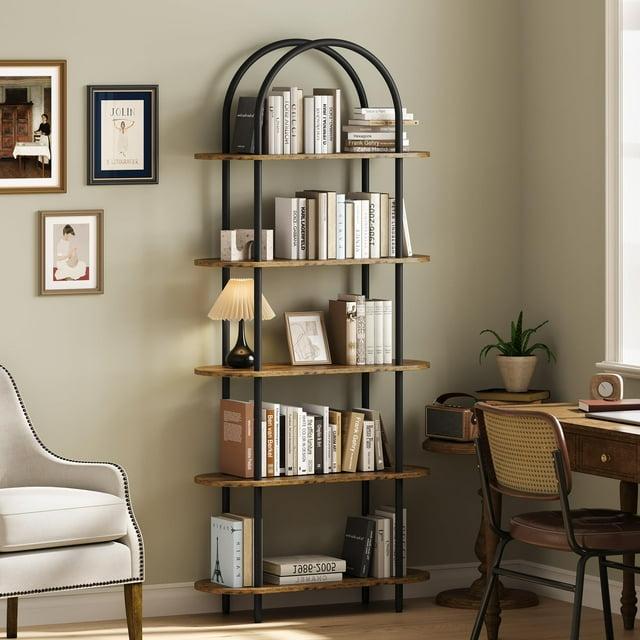 Black and Retro Five-Tier Arched Metal and Wood Bookshelf