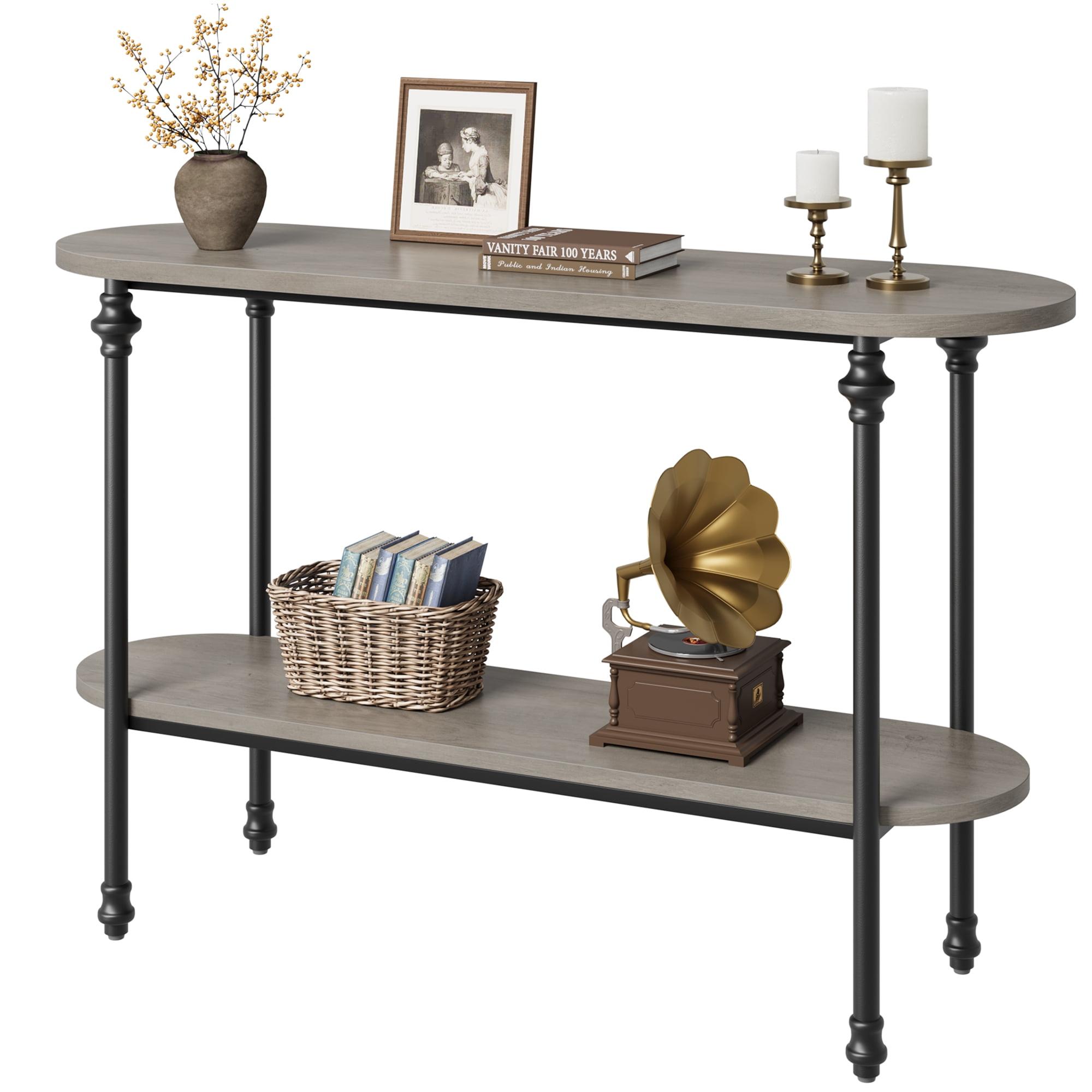 Gray Wood and Metal 2-Tier Console Table with Storage