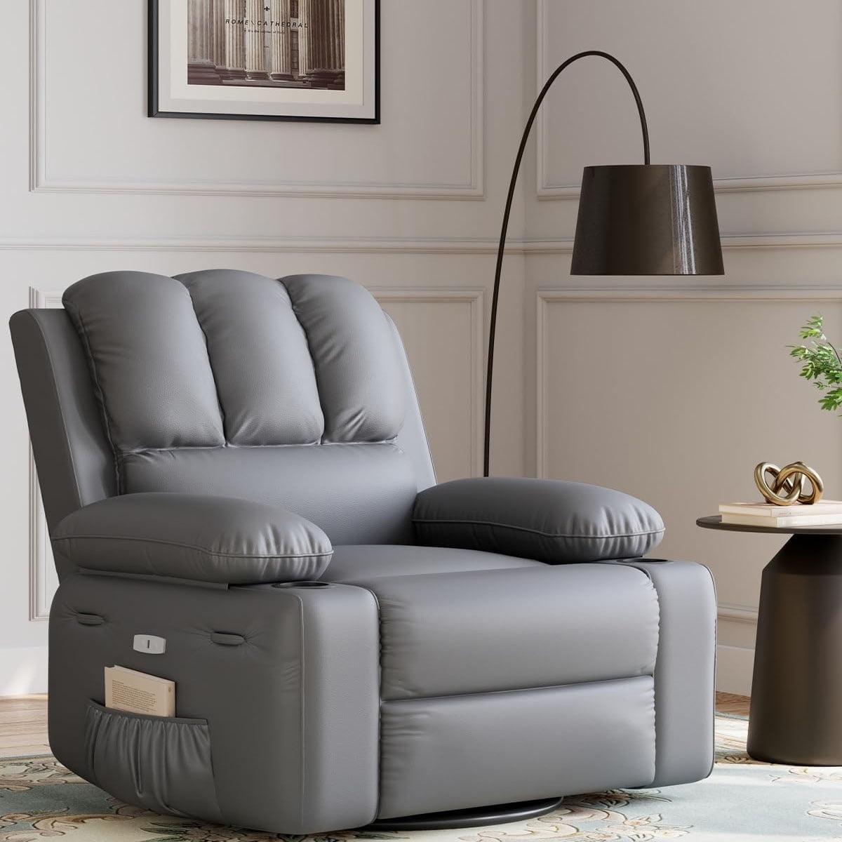 Gray Leather Swivel Recliner with Massage and Wooden Frame