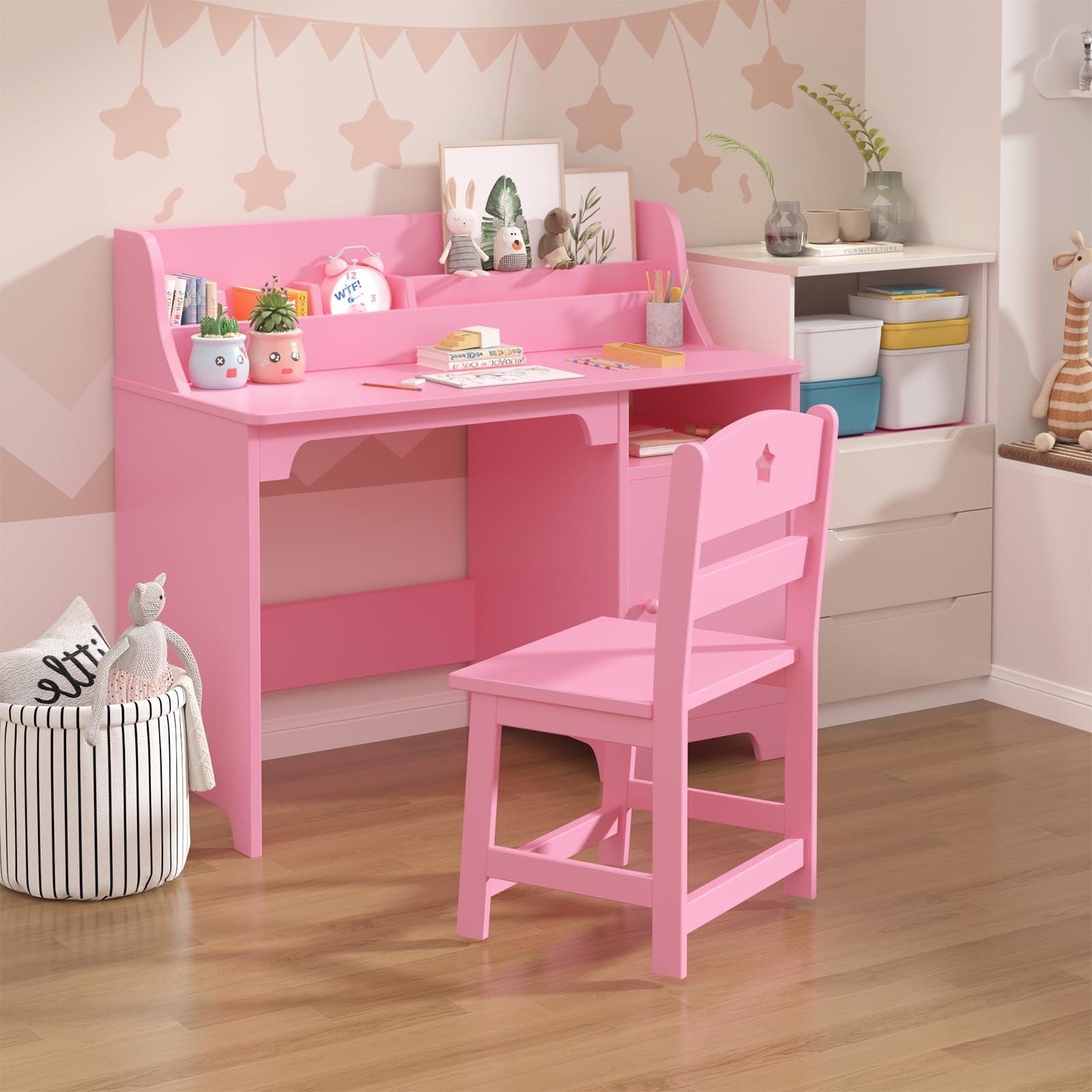 Pink Wooden Kids Writing Desk with Hutch and Filing Cabinet