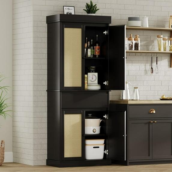 Tall Kitchen Pantry Cabinet 69" Storage Cabinet with Rattan Doors, Drawer and Adjustable Shelves, Cupboard for Bathroom Dining Room, Black