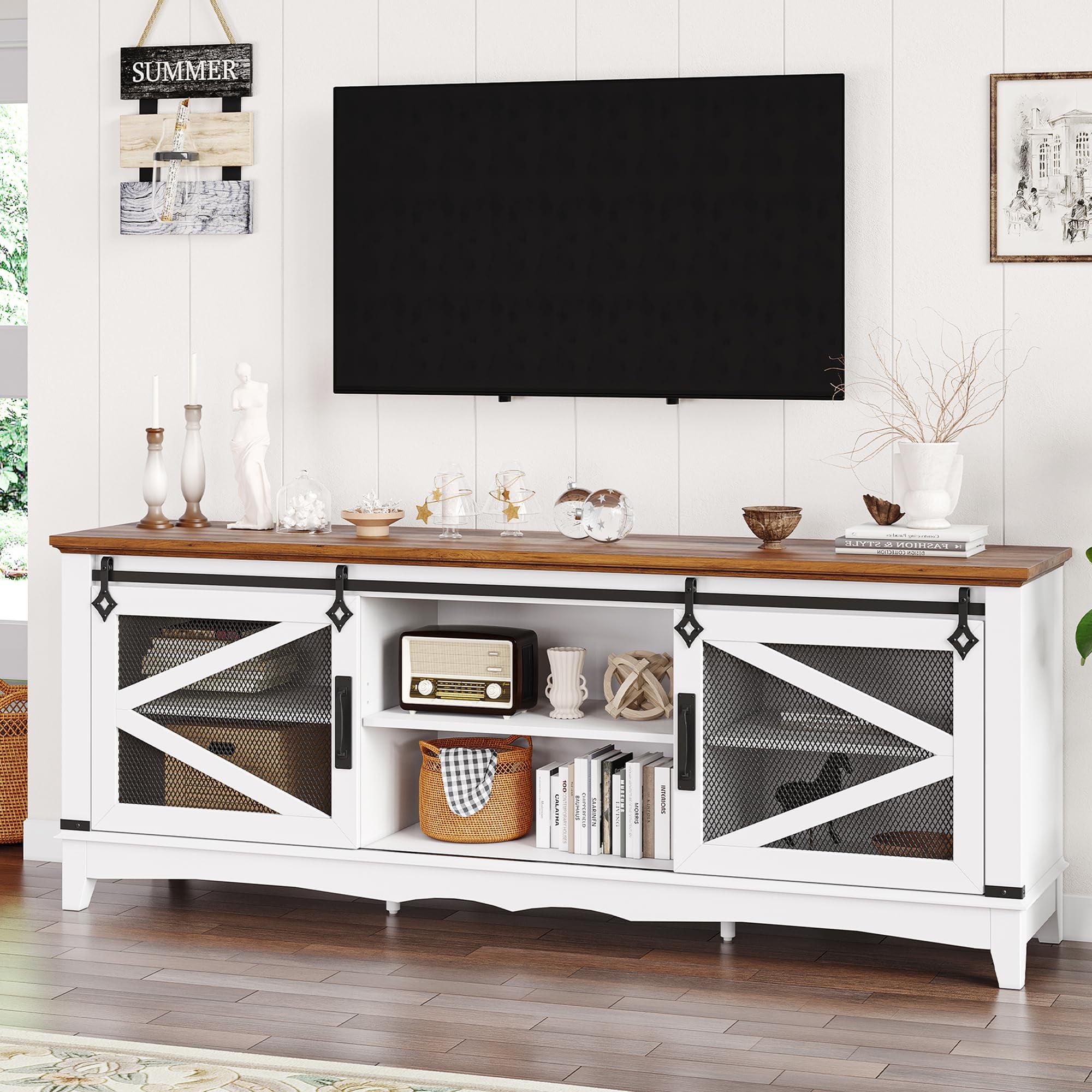 Farmhouse TV Stand with Sliding Barn Doors, TV Cabinet with Storage Shelf, Entertainment Center for 65" TV