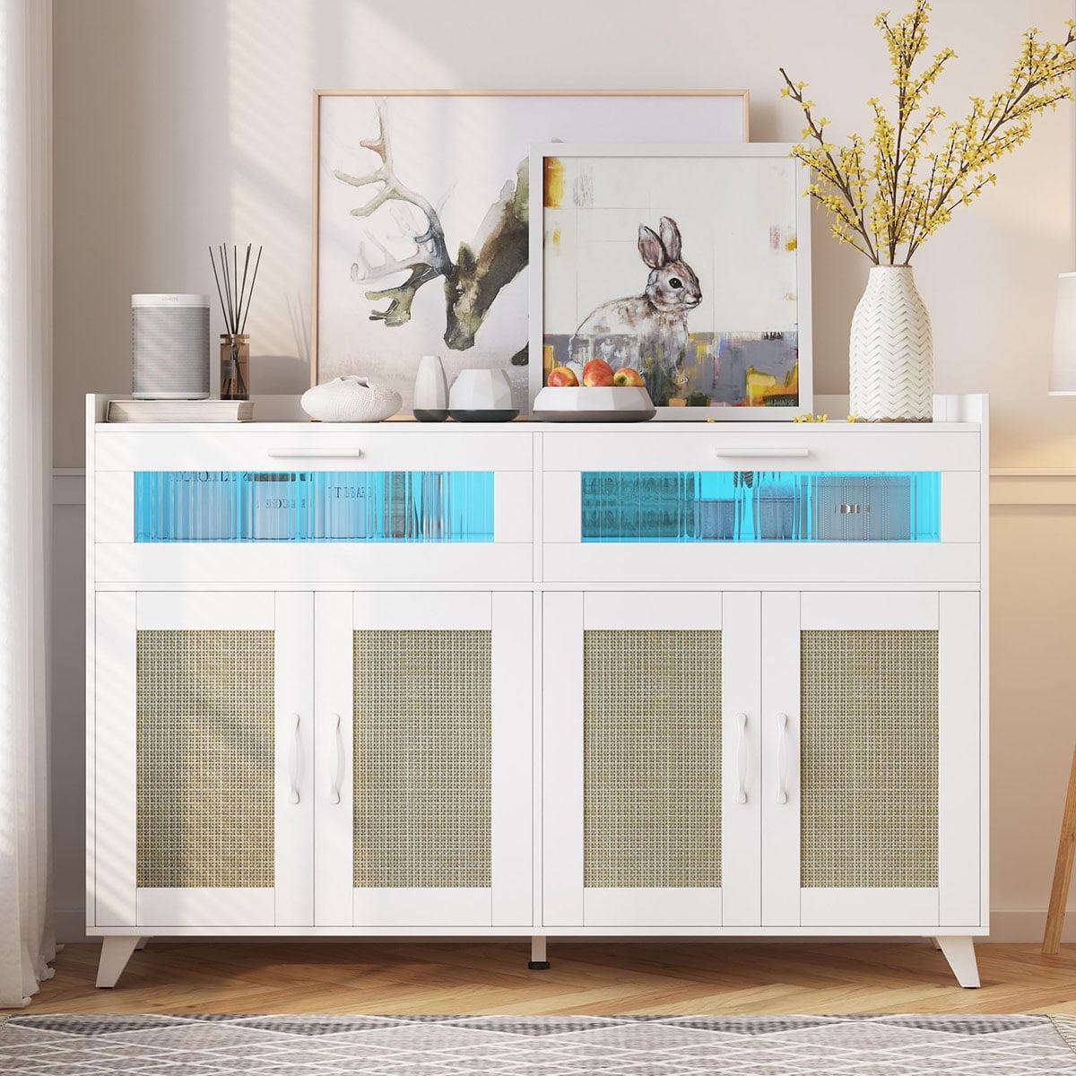 White Wood Buffet Cabinet with LED Light and Rattan Doors