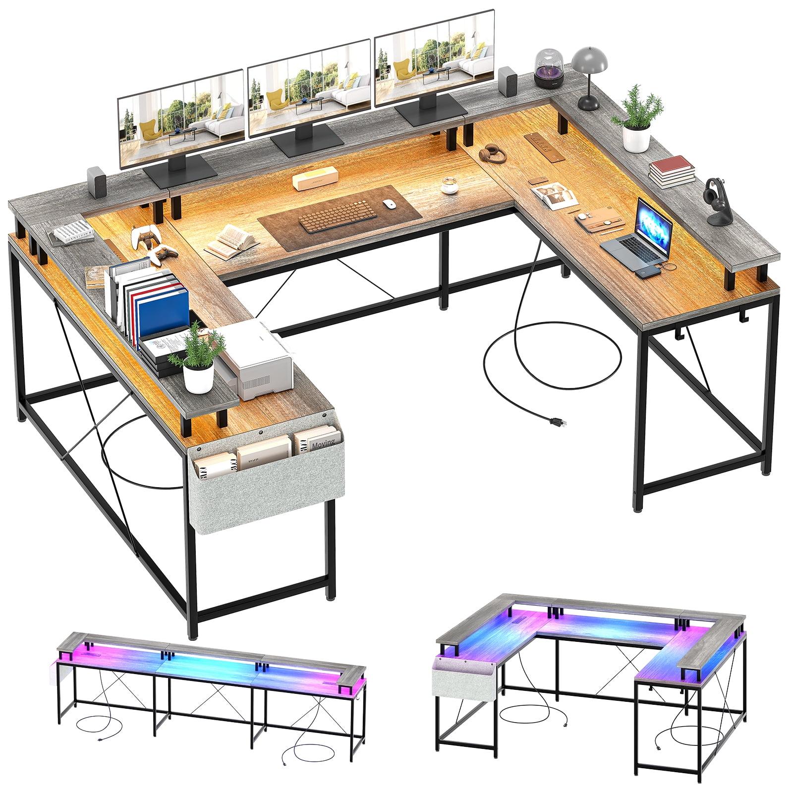 Litake U Shaped Computer Gaming Desk, Reversible L Shaped Desk with Power Outlets, LED Strip & Monitor Stand, Large Corner Desk with Storage Shelves for Home Office, Grey