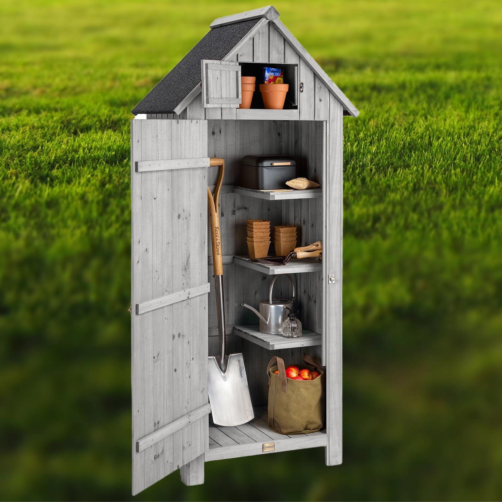 Gray Wooden Outdoor Storage Shed with Shelves and Lockable Door