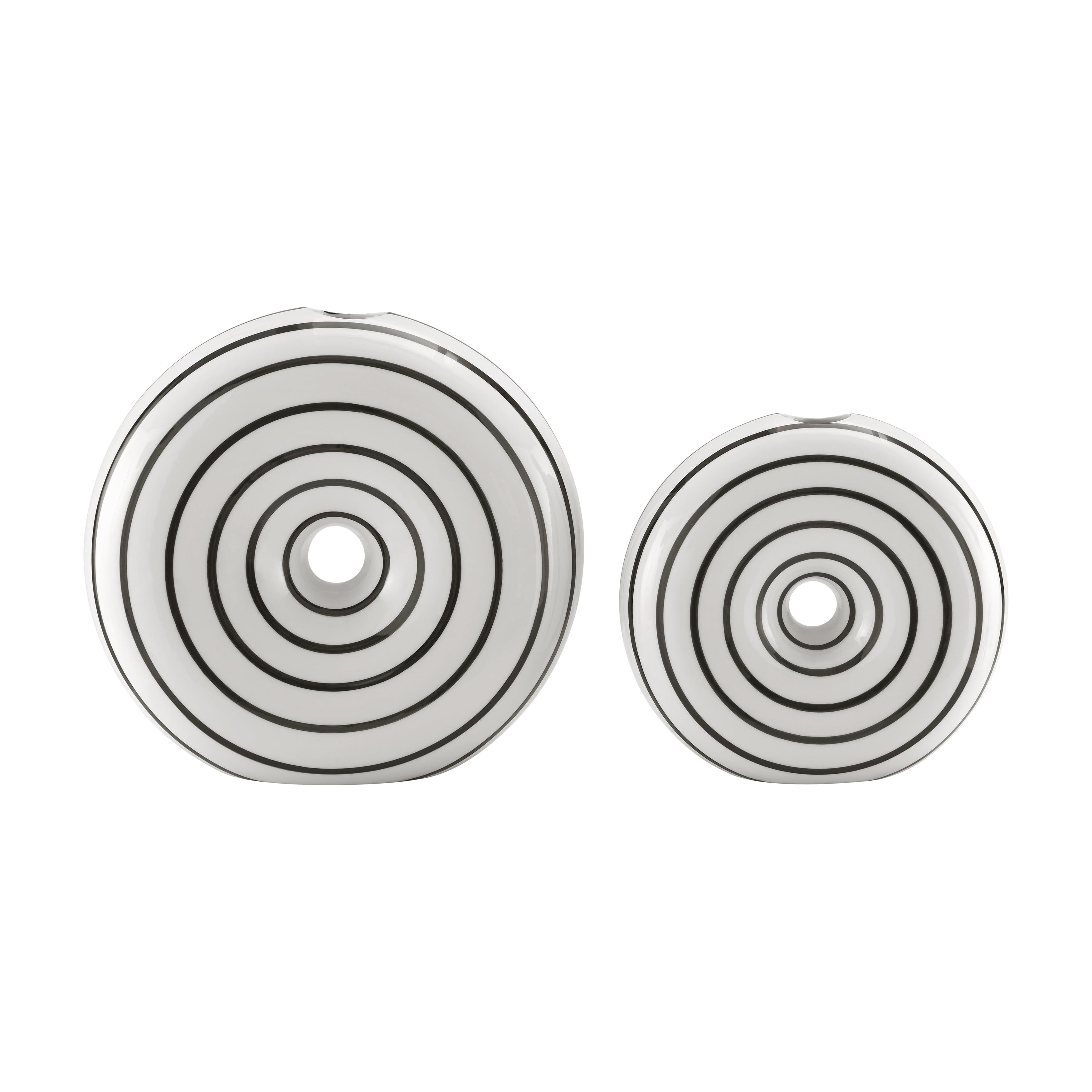 Danya B. Etta Two Piece Glossy Ceramic Black and White Striped Round Hollow Circle Donut Vase Set