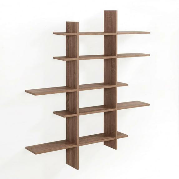 Danya B. 51" x 45" Five Level Asymmetric Shelf Brown: Modular Laminated MDF, Wall Organizer with Mounting Hardware