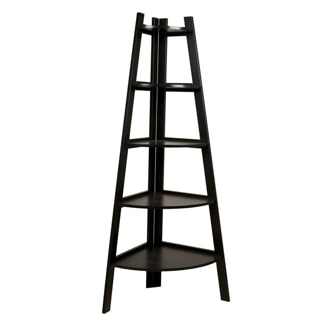 Danya B. 63" x 26.5" Five-Tier Pyramid Corner Ladder Shelf Brown: MDF Wood, Open Back Design, Fixed Shelves