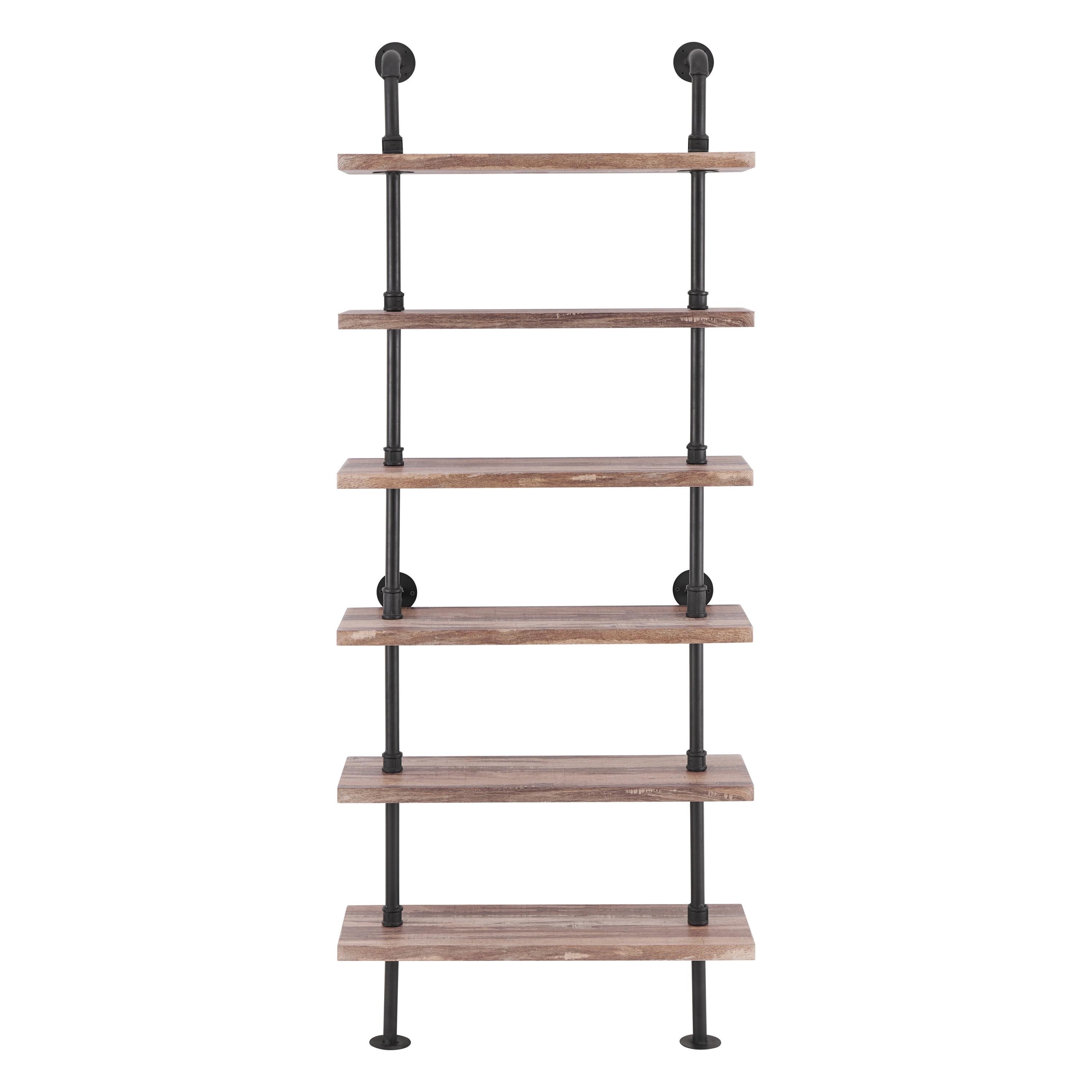 Modern Industrial 6-Tier Iron Pipe wall Mount Ladder Shelf Distressed Wood - Danya B.: Floating, Open Design, Laminated Surface