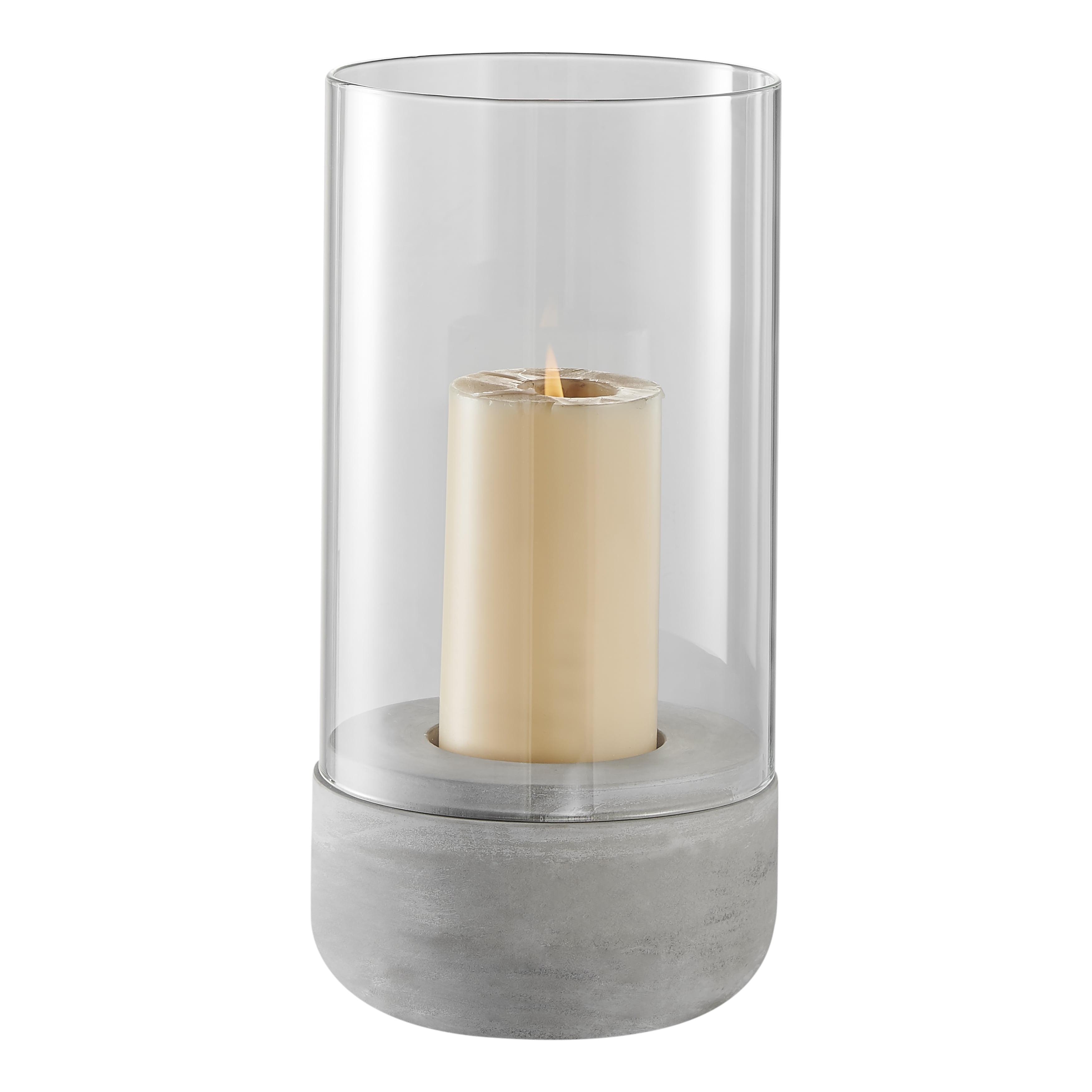 Large Clear Glass and Gray Cement Hurricane Candle Holder