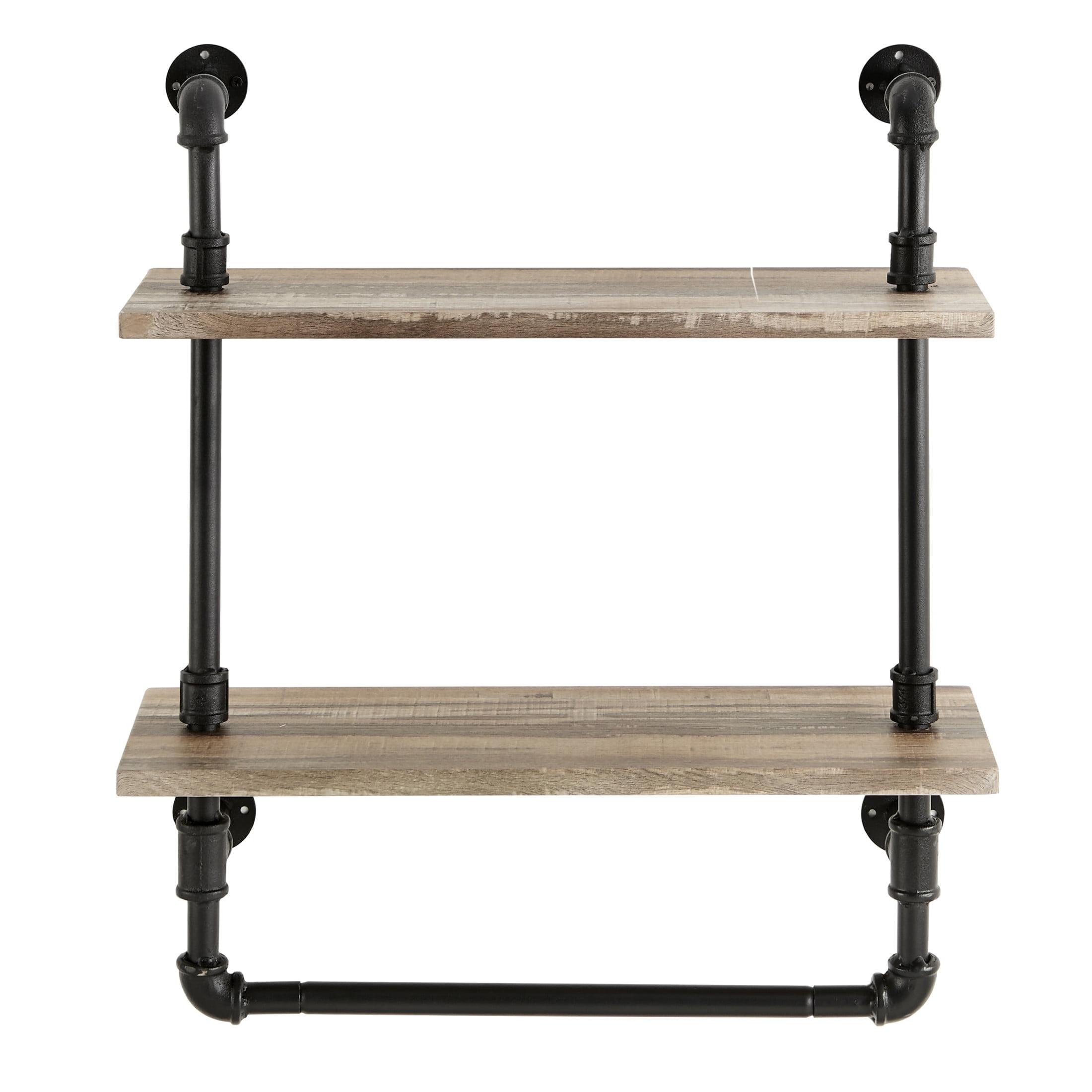 Rustic Brown 28" Iron & Wood Dual Shelf Wall Unit with Towel Rod