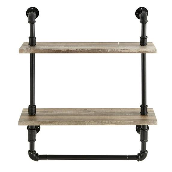 Danya B. 2-Tier Olivia Pipe Wall Shelf Unit with Hanging Rod Black/Rustic: Laminated Iron Storage, Includes Mounting Hardware