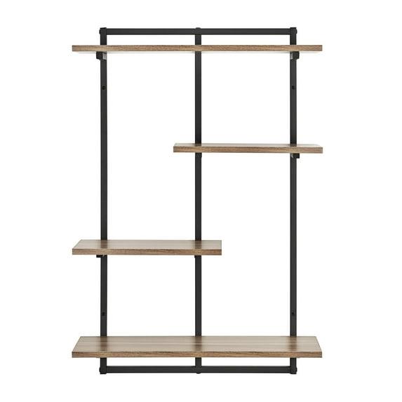 Danya B. 34.5" x 23.6" Rhodes 4 Tier Modern Floating Windowsill Wall Shelf Unit Black/Light Walnut: MDF & Iron, Open Design