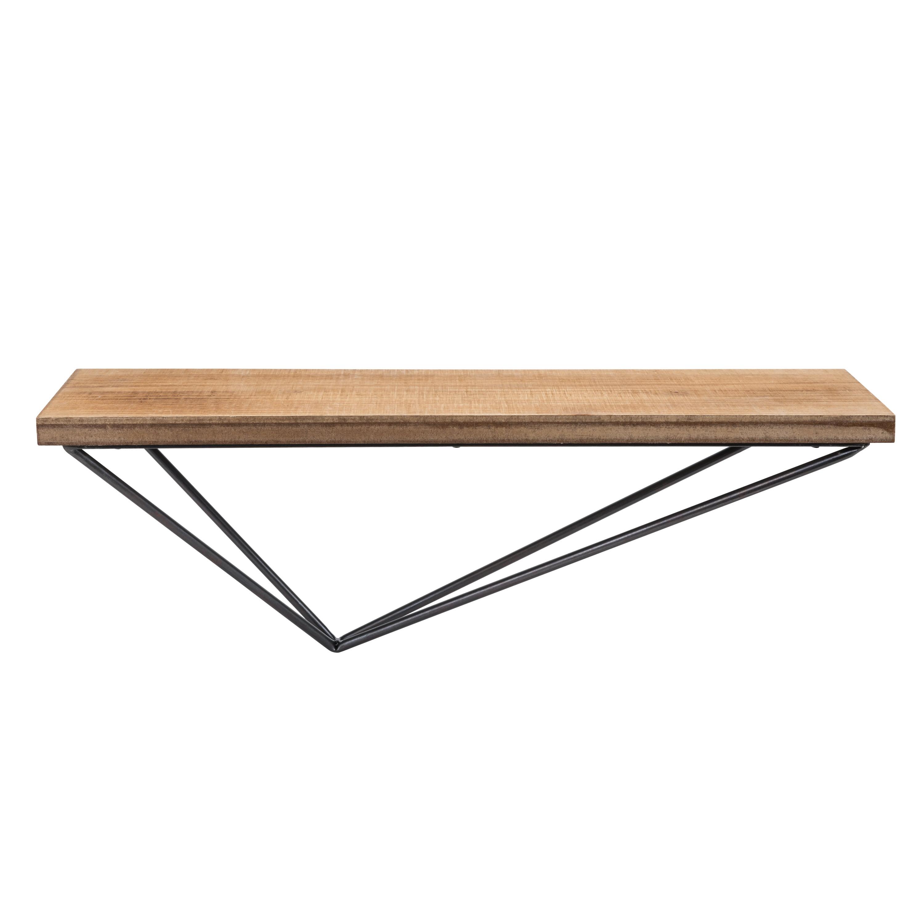 Asymmetrical Black Metal and Pine Wood 26'' Floating Wall Shelf