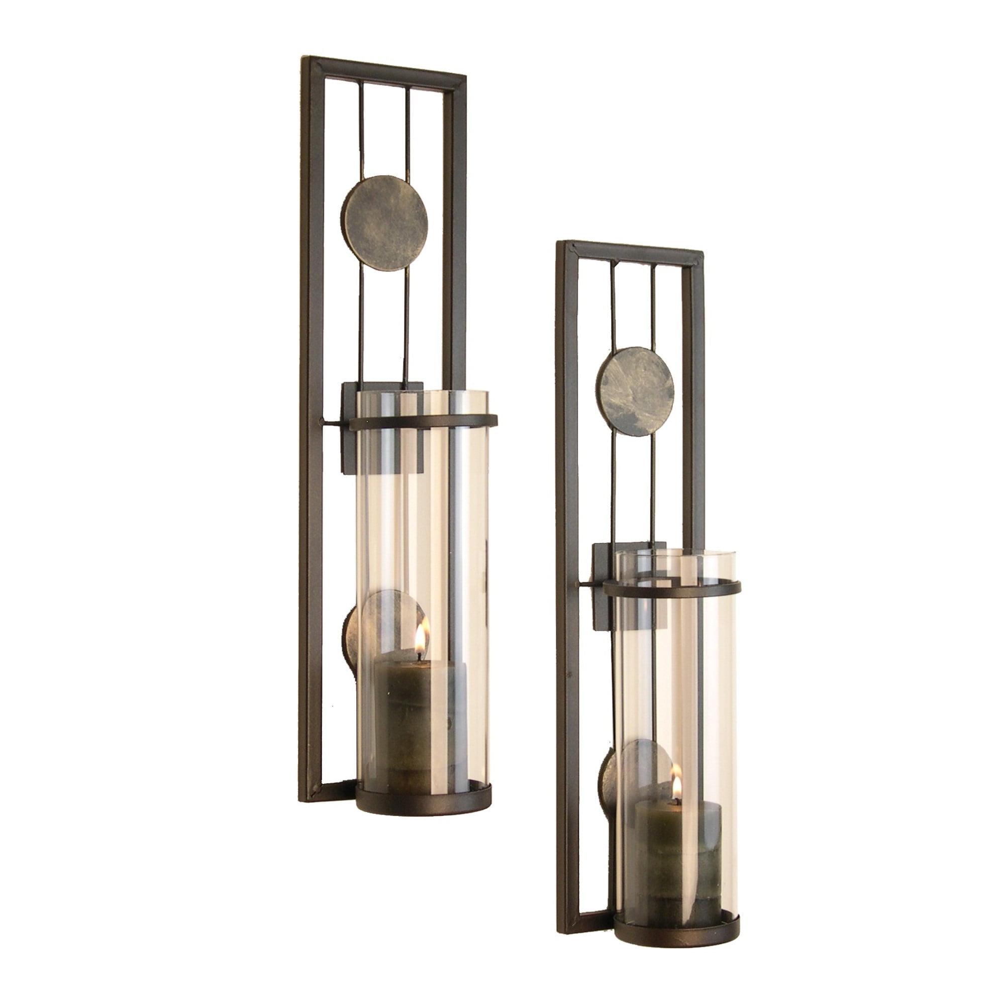 Elegant Geometric Iron and Glass Wall Sconce Set, 16" Antique Bronze