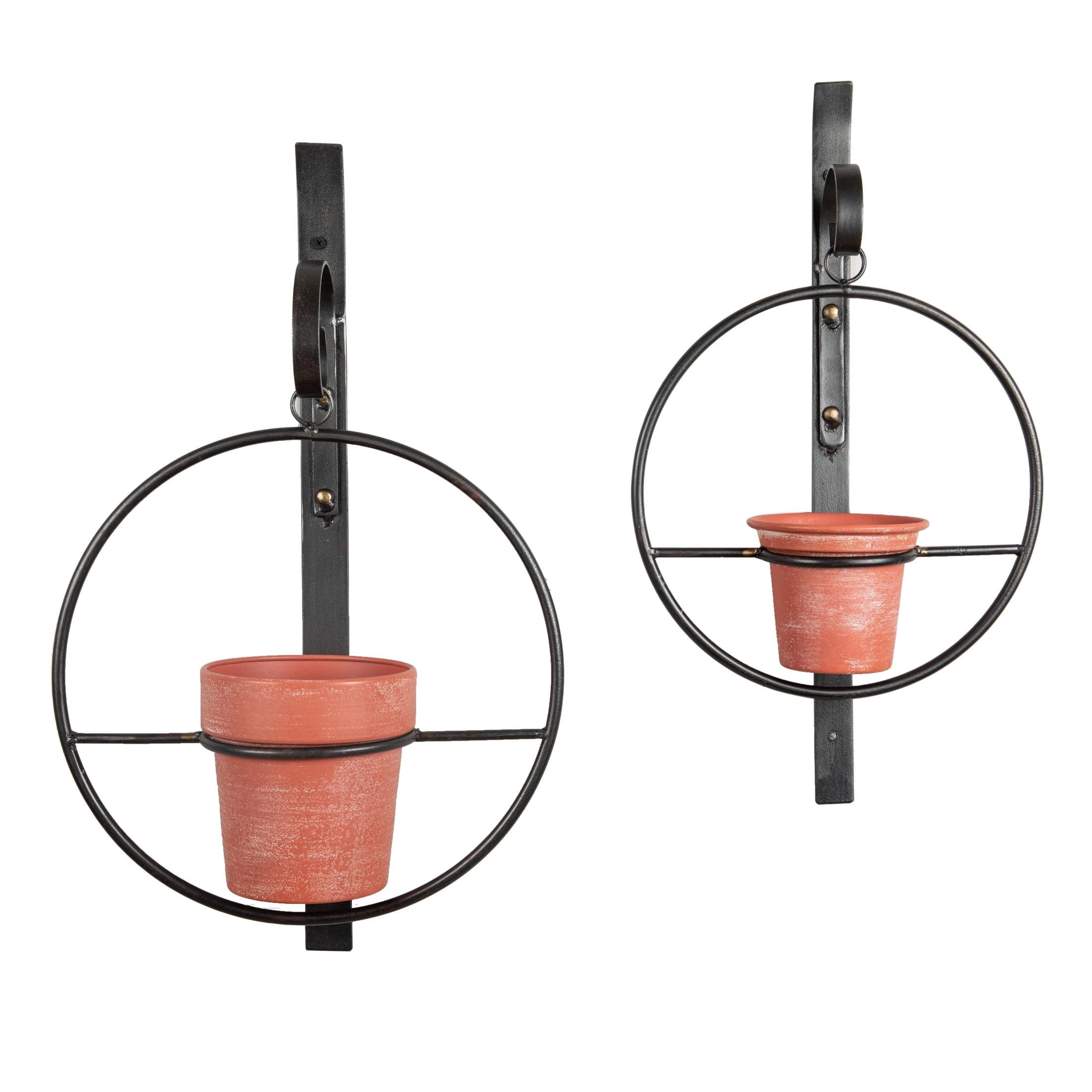 Set of 2 Hanging Planters with Circular Frame and Terra Cotta Metal Pots Black - Danya B.: Iron Wall-Mounted, Outdoor-Indoor Use