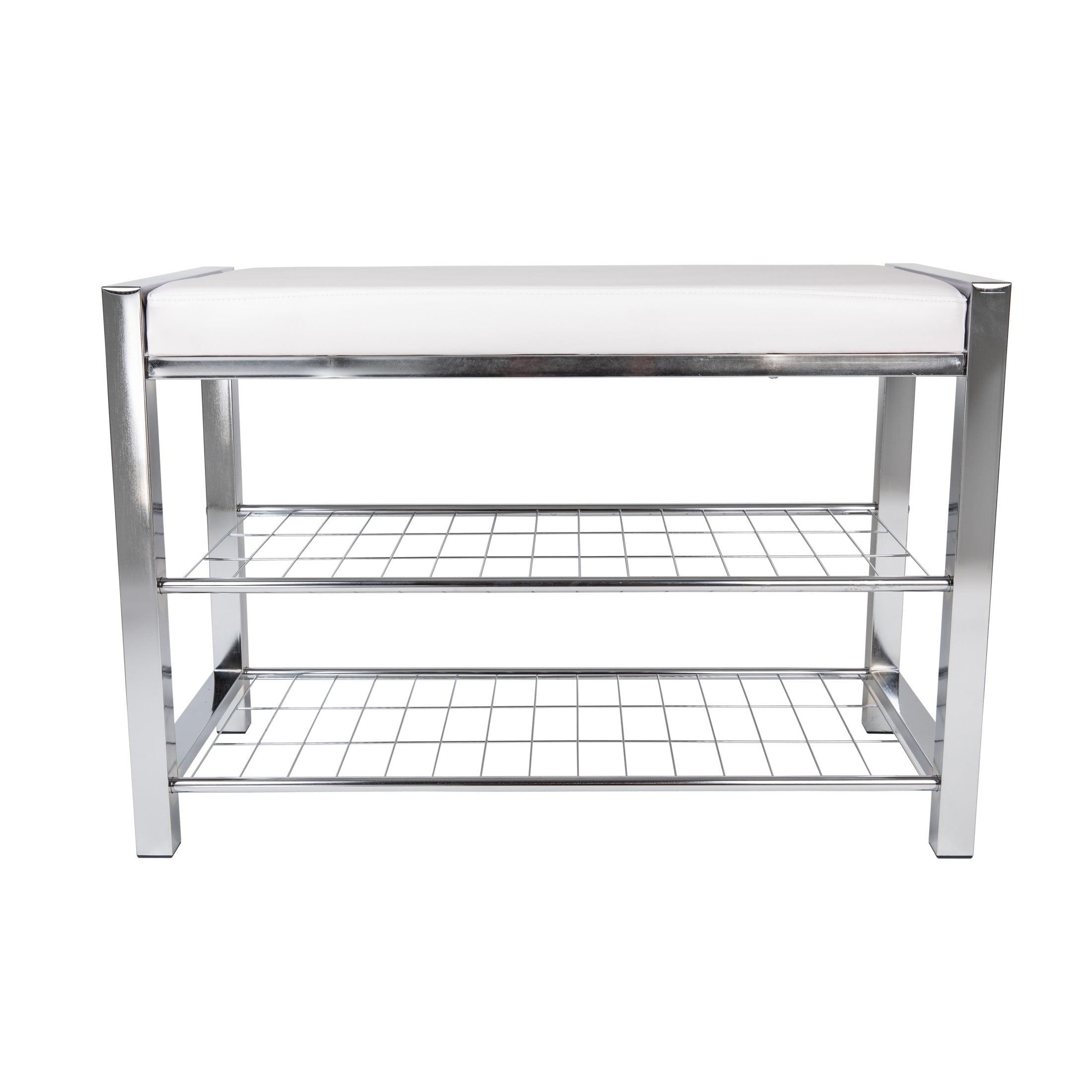 Chic White Leatherette and Chrome Metal Frame Entryway Shoe Bench with Storage